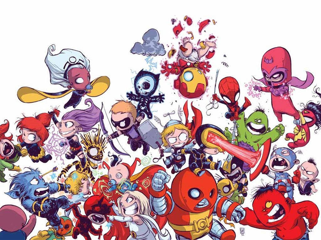 Cute Marvel 桌布 壁紙 — 一場混亂的Q版超級英雄大亂鬥， featuring Deadpool、Thor 和 Spider-Man，以充滿活力的漫畫藝術呈現。
