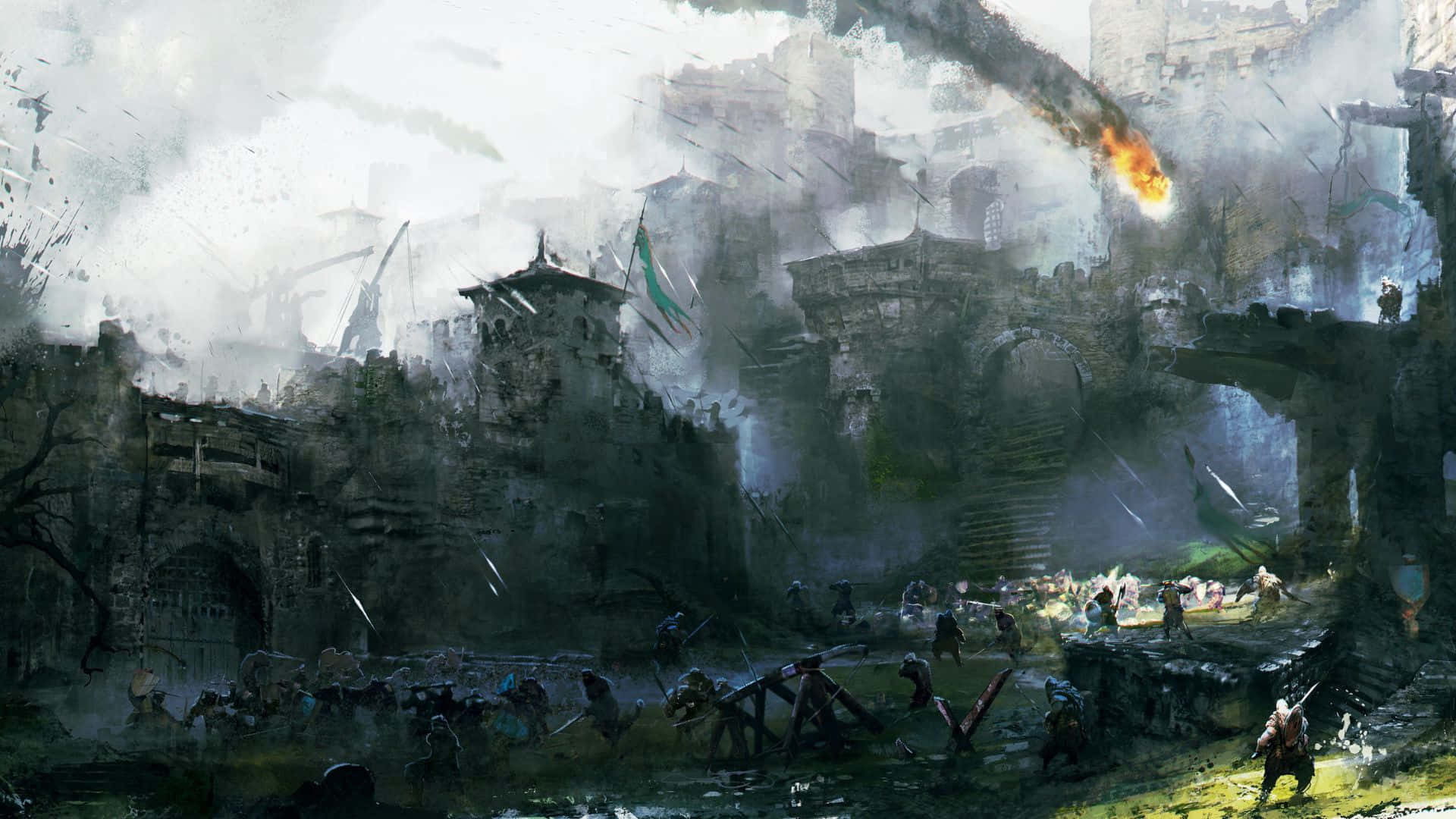 電玩遊戲 桌布 壁紙 — 一場混亂的中世紀圍城戰展開，士兵們在煙霧瀰漫的灰色天空下，於一座 crumbling 堡壘前交戰。