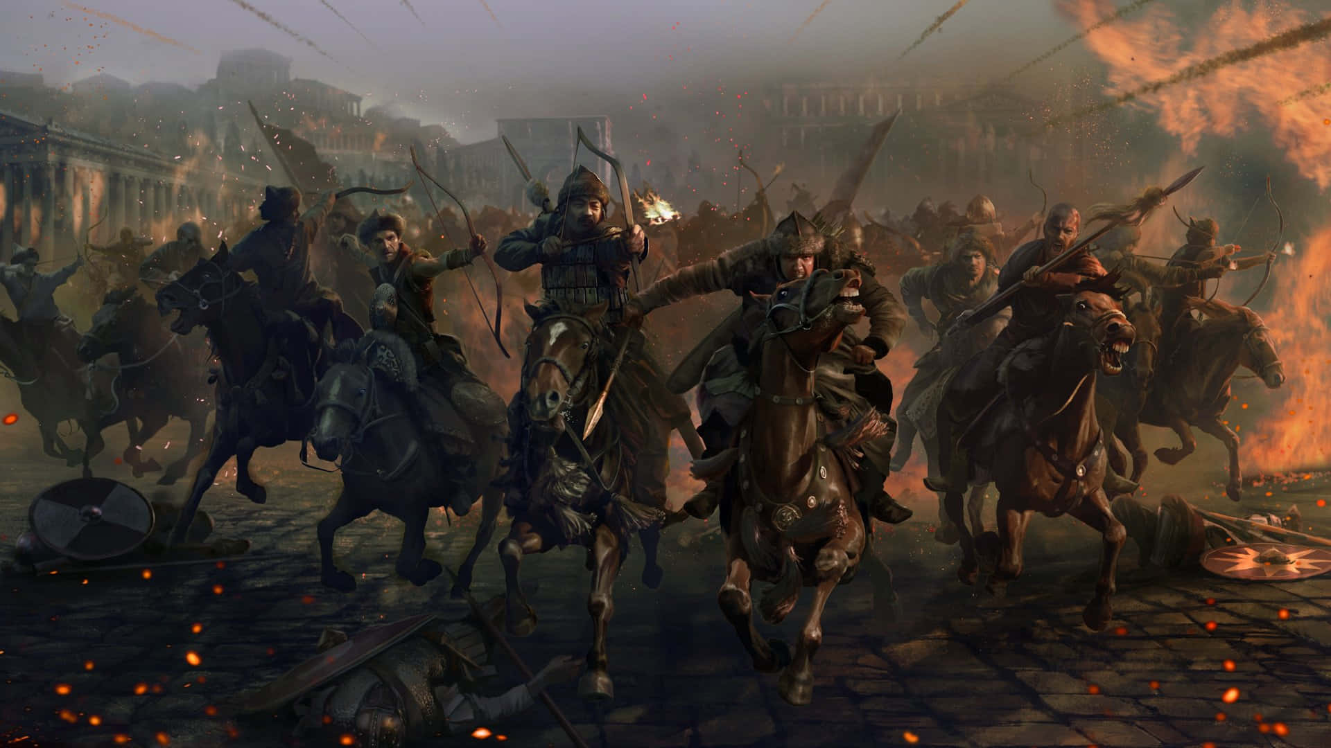 Total War Attila 桌布 壁紙 — 一場混亂的中世紀騎兵衝鋒，穿越燃燒的城市街道，騎兵在火焰和瓦礫中揮舞劍和弓。
