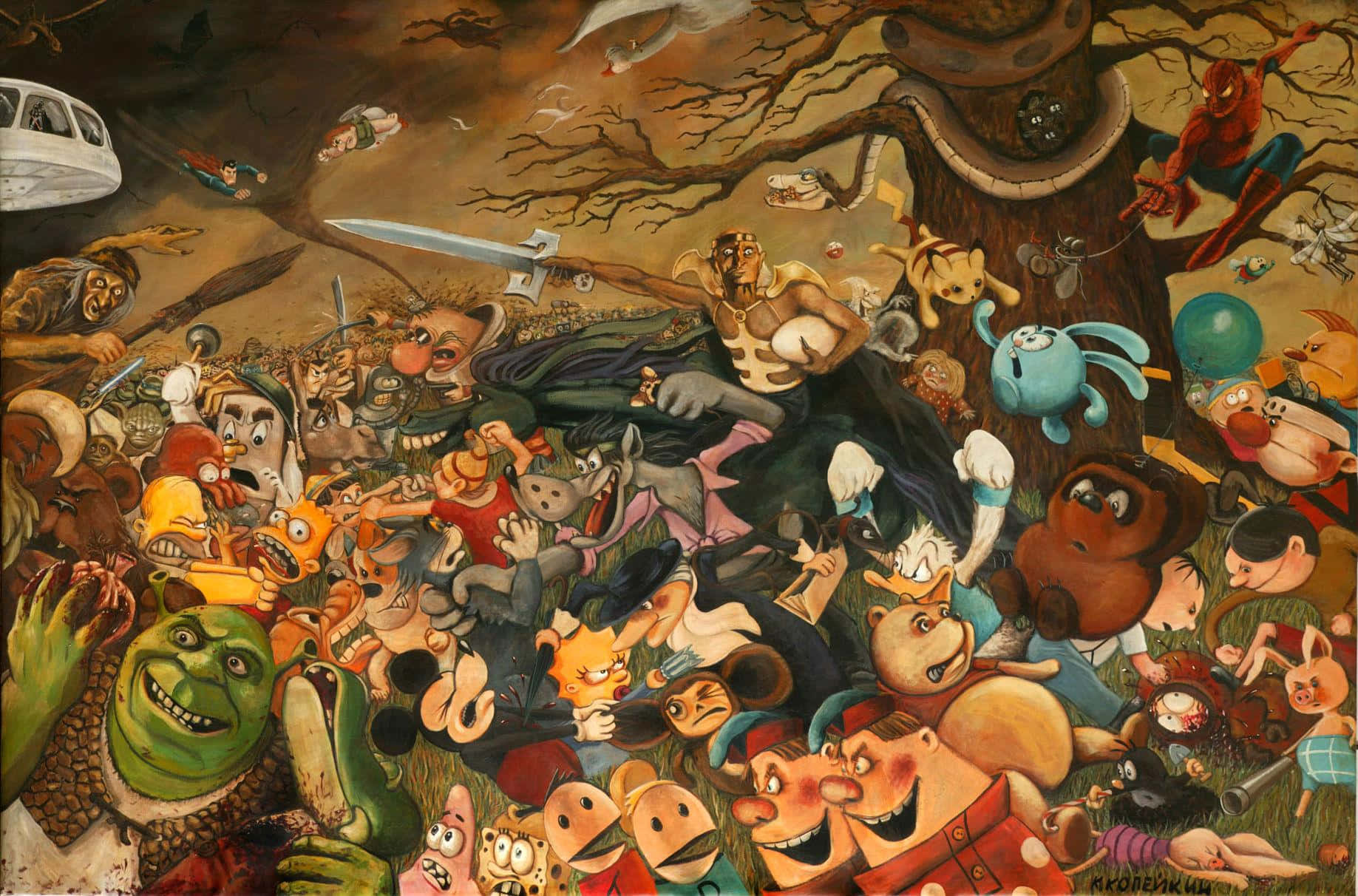 Cartoon Collage 桌布 壁紙 — 一場混亂的卡通戰鬥場景，史瑞克、海綿寶寶、蜘蛛人和其他動畫角色在一棵多節的樹下戰鬥。