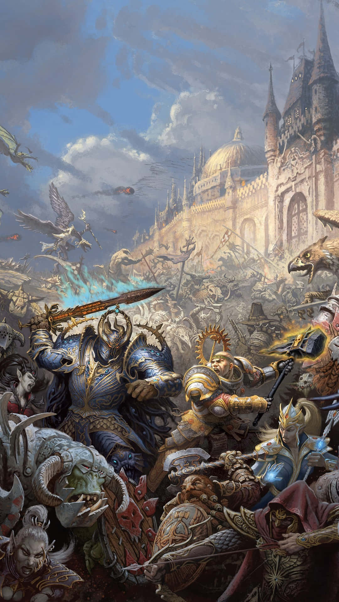 iPhone X Total War Warhammer Ii 桌布 壁紙 — 一場混亂的奇幻戰鬥在宏偉城堡前爆發，身穿盔甲的戰士在陰雲密佈的天空下與怪物般的生物戰鬥。