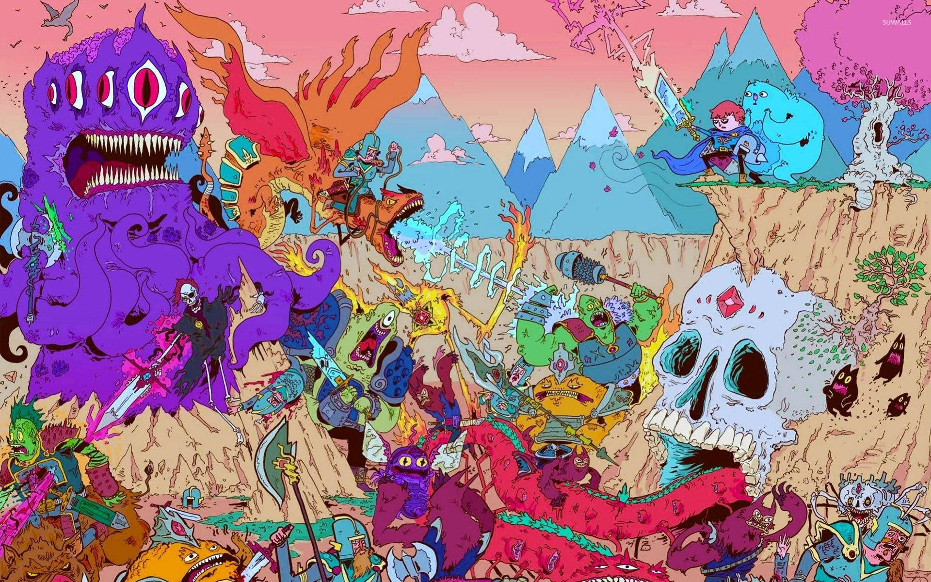 adventure 桌布 壁紙 — 一場混亂的奇幻戰鬥場景，色彩繽紛的怪物和戰士在懸崖邊上對峙，背景是粉紅色和橙色的天空。
