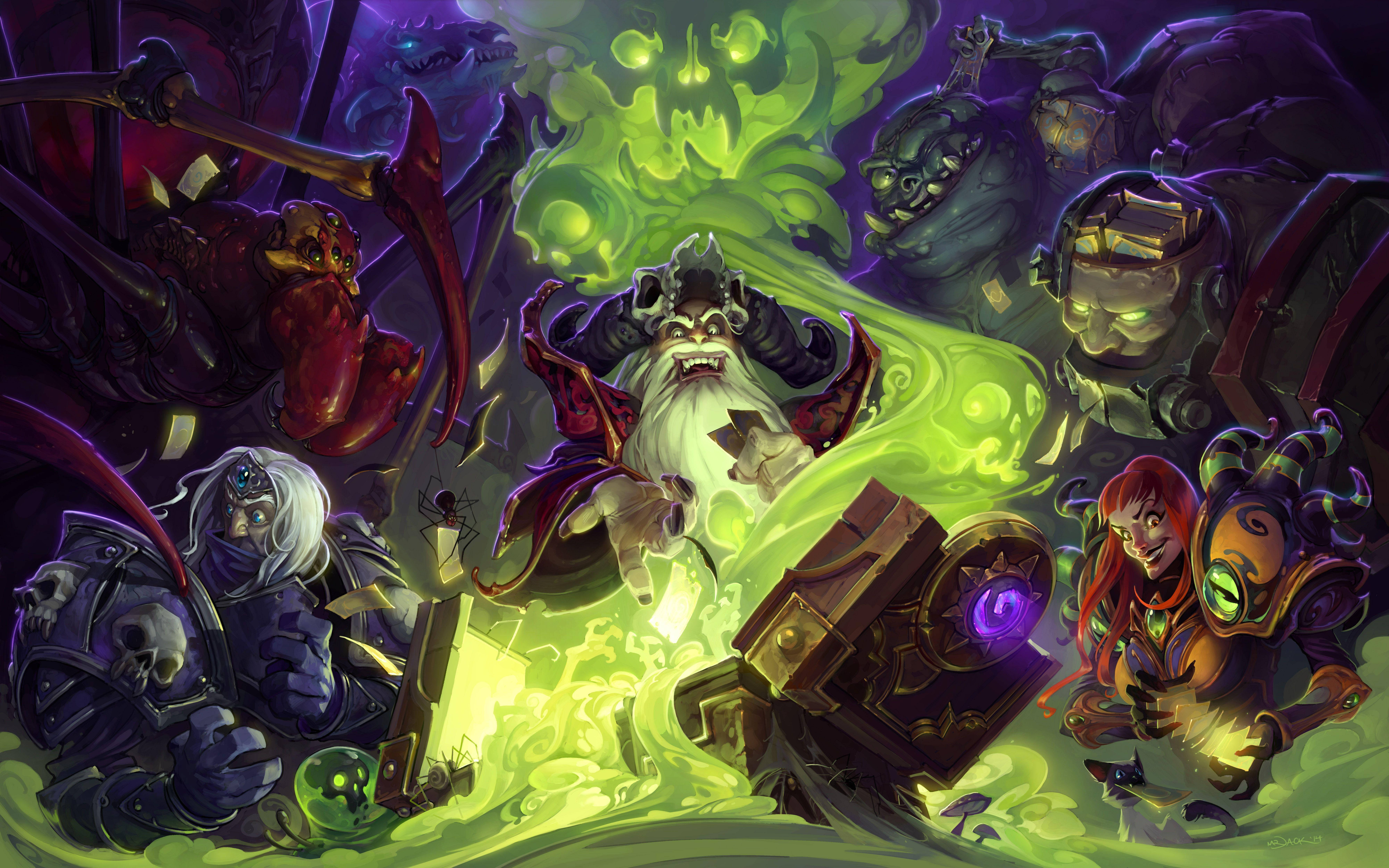 Hearthstone 桌布 壁紙 — 一場混亂的奇幻戰鬥爆發，一位鬍鬚巫師在黑暗、旋轉的環境中被怪物盟友包圍，釋放出綠色魔法。