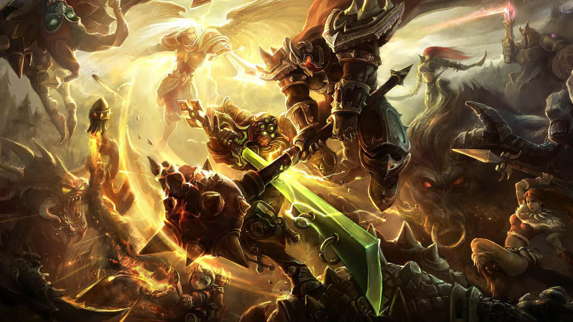 Best League Of Legends 桌布 壁紙 — 一場混亂的奇幻戰鬥爆發，裝甲戰士們手持發光武器在熾熱的爆炸和怪物中激烈交鋒。