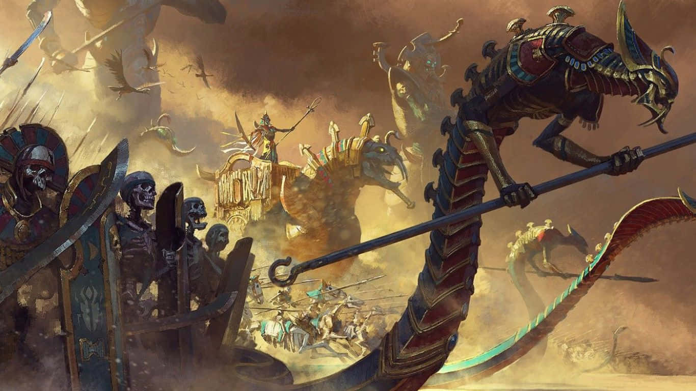 電玩遊戲 桌布 壁紙 — 一場混亂的奇幻戰鬥爆發，骷髏戰士與怪物般的蛇形生物在塵土飛揚的末日景觀中交鋒。