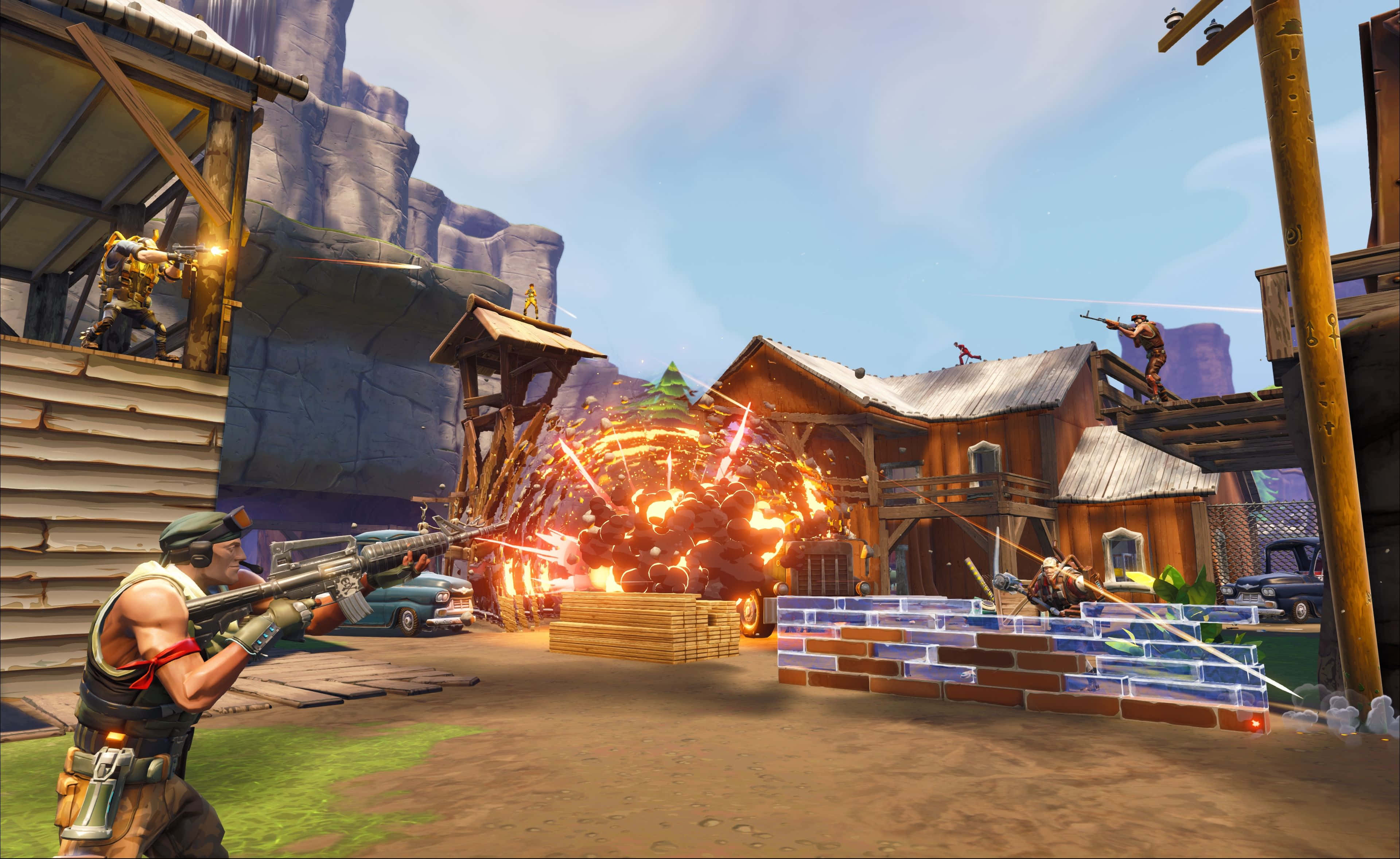 Fye No Skin Fortnite 桌布 壁紙 — 一場混亂的戰鬥在一個質樸的西部小鎮爆發，玩家們開火射擊，爆炸照亮了塵土飛揚的街道。