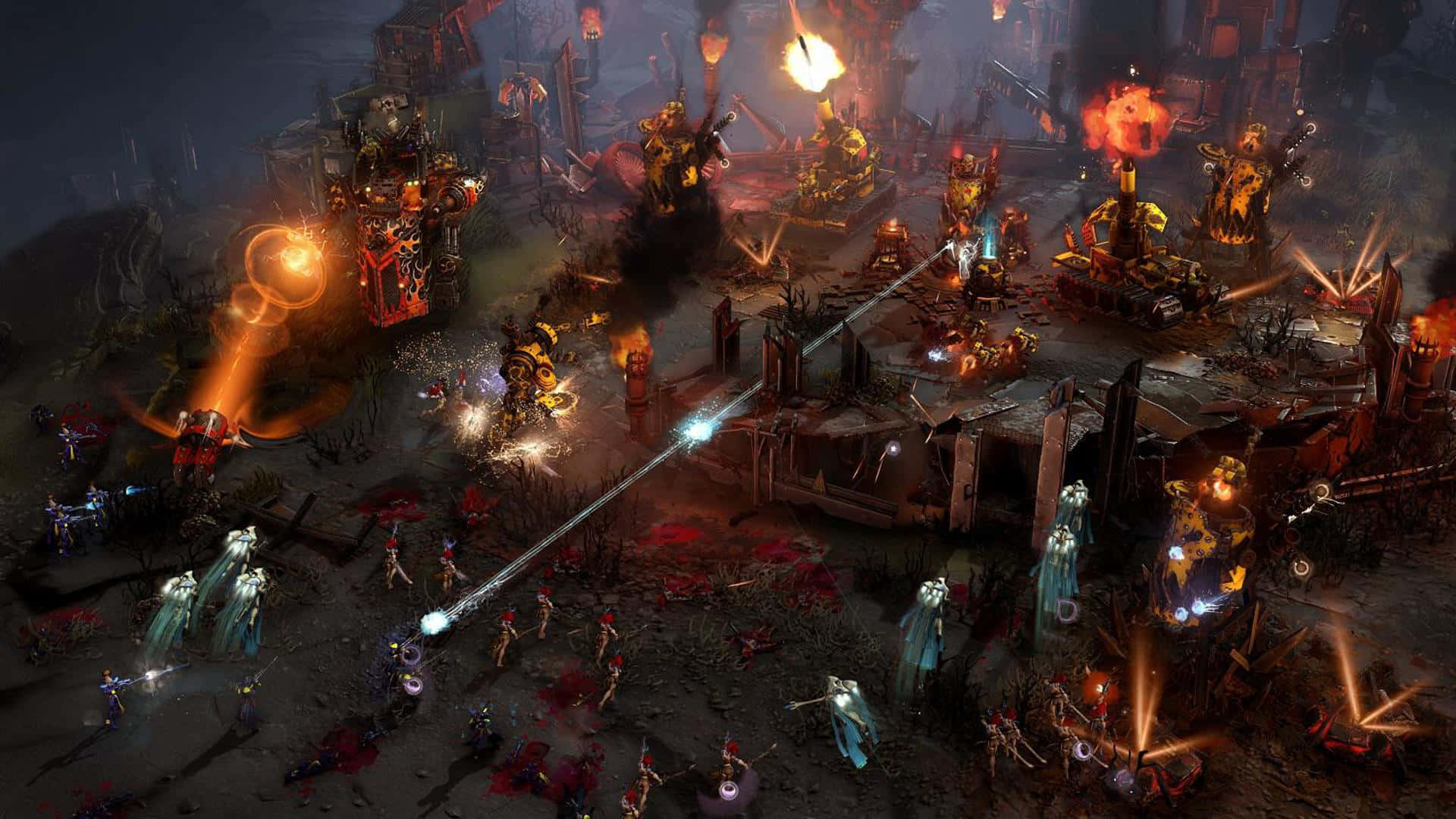 HD Dawn Of War Iii 桌布 壁紙 — 一場混亂的戰鬥在廢墟戰場上肆虐，發光的武器和熾熱的爆炸照亮了黑暗的場景。