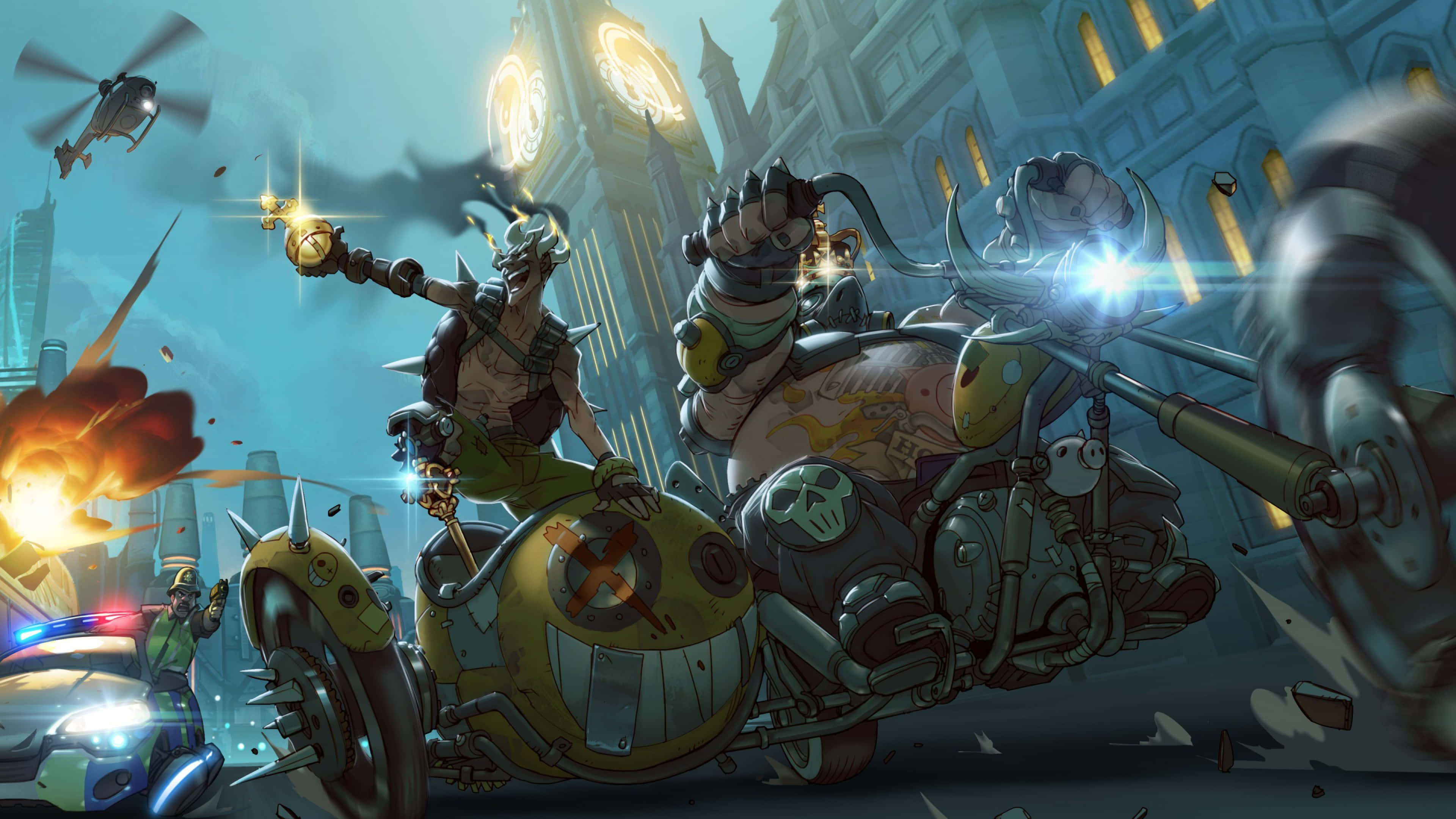 Overwatch Roadhog 桌布 壁紙 — 一場混亂的戰鬥在未來城市爆發，裝甲車手與爆炸和飛行車輛在聳立的鐘樓之間衝突。