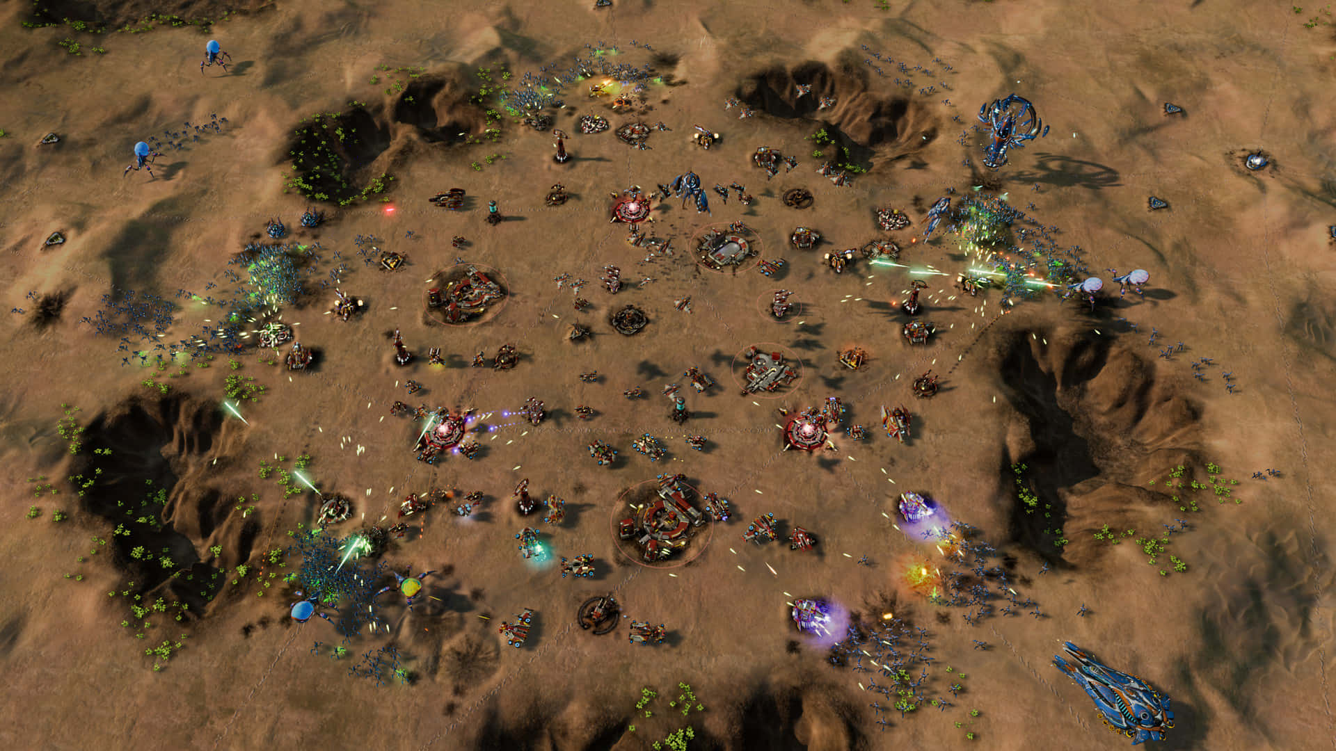 Ashes Of The Singularity Escalation 桌布 壁紙 — 一場混亂的戰鬥在荒蕪的沙漠戰場上肆虐，伴隨著發光的能量爆炸和散落的單位。