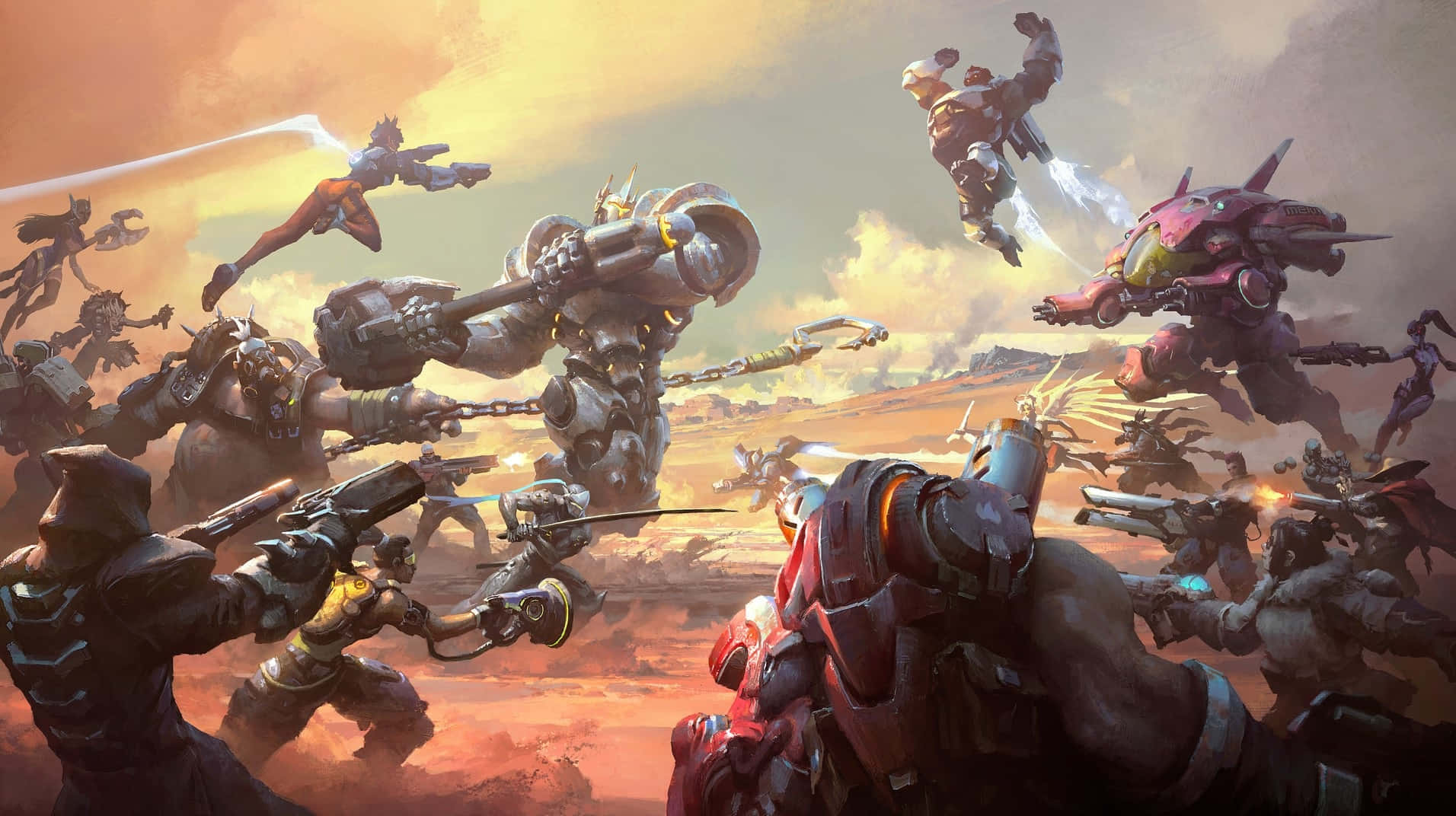 Overwatch Roadhog 桌布 壁紙 — 一場混亂的戰鬥場景，巨型機器人與飛行戰士在塵土飛揚的沙漠中，在火紅的天空下激烈交鋒。