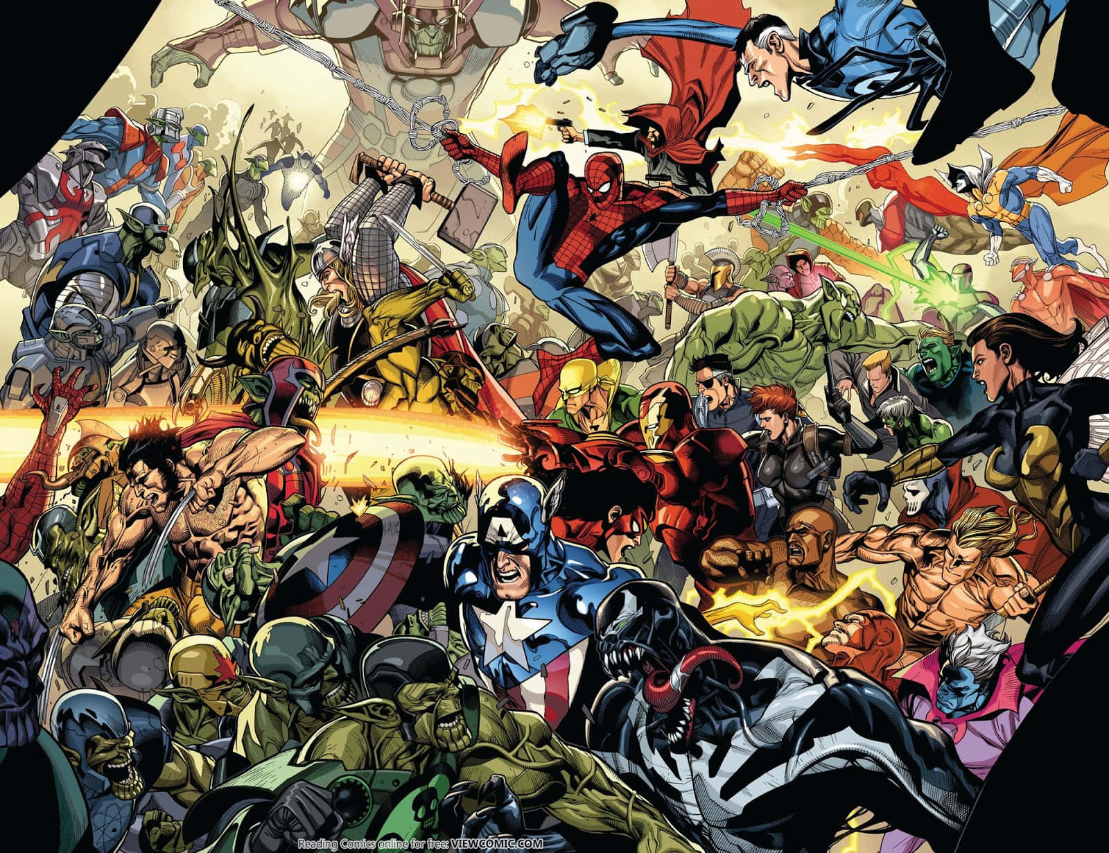 Secret Invasion 桌布 壁紙 — 一場混亂的漫畫戰鬥場景，蜘蛛人、美國隊長和猛毒等超級英雄與反派在動態的動作爆炸中碰撞。