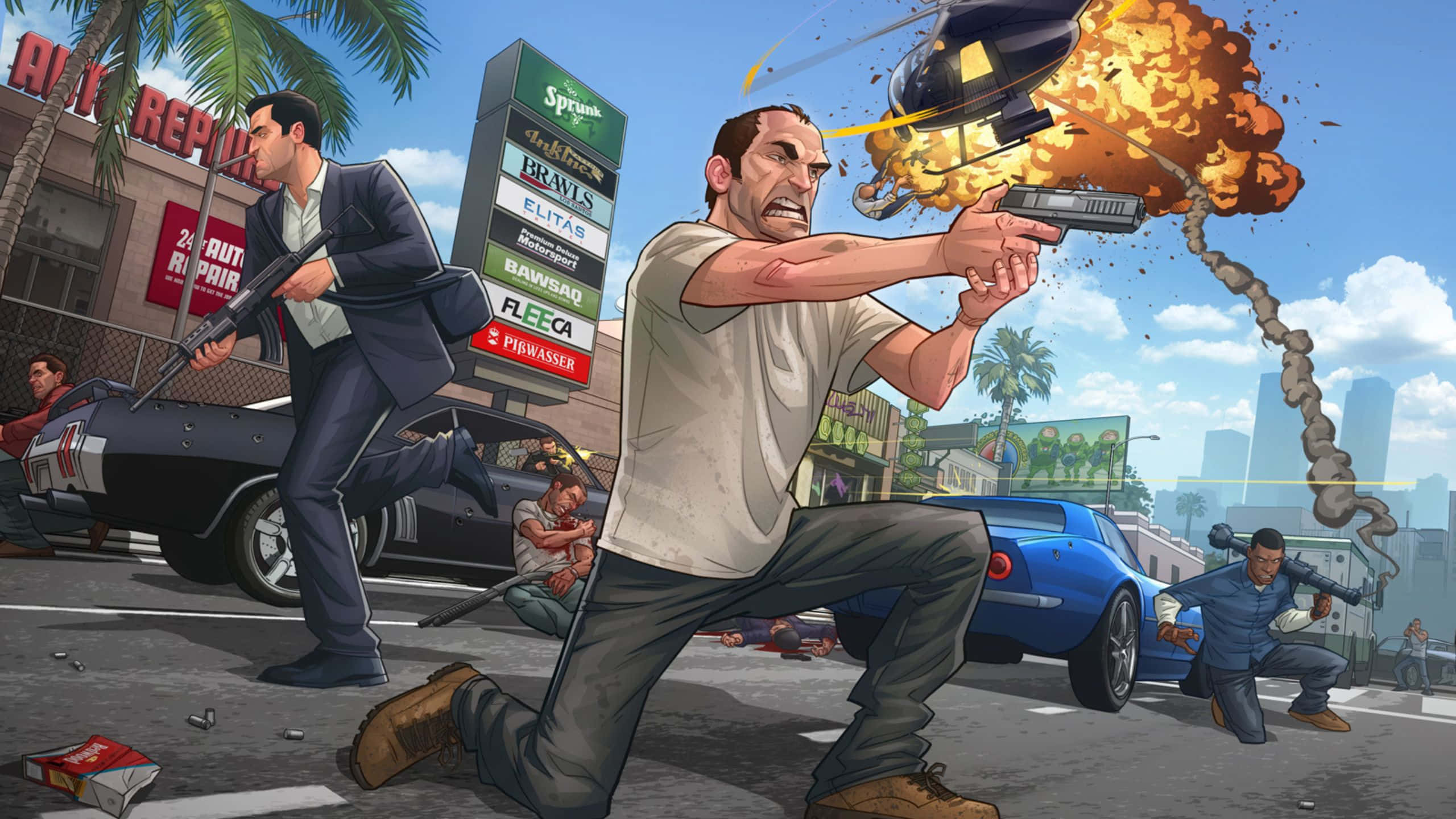 Grand Theft Auto V 桌布 壁紙 — 一場混亂的街頭戰鬥爆發，一名男子向墜落的直升機開槍，而其他人在他周圍戰鬥。