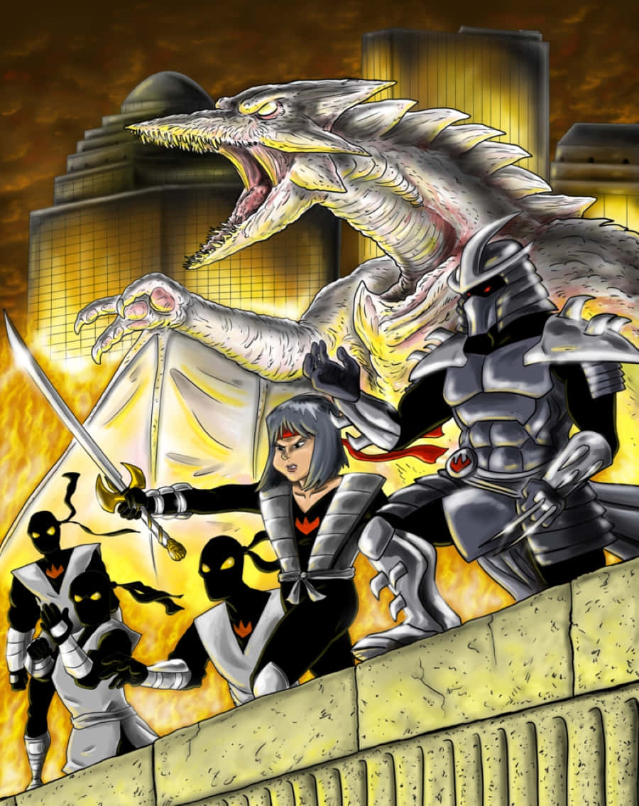 Gamera 桌布 壁紙 — 一場激烈的動漫風格戰鬥展開，身穿盔甲的戰士在燃燒的城市廢墟中對抗咆哮的巨龍。