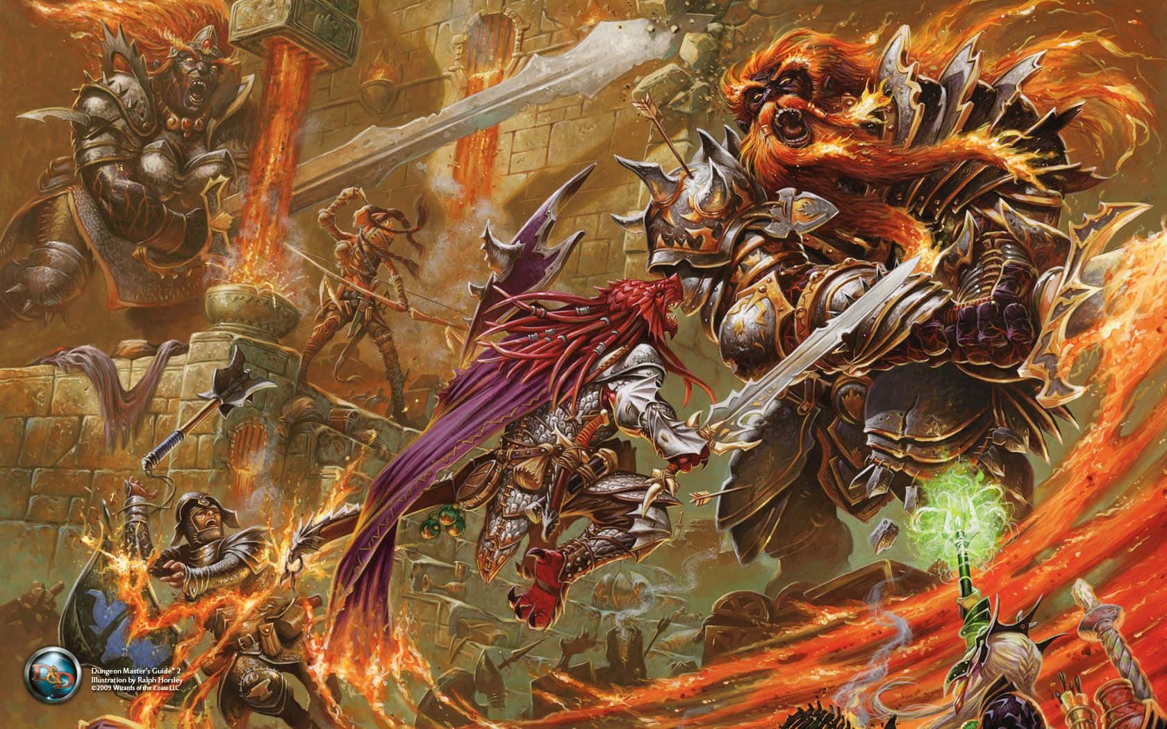 Dungeons And Dragons 桌布 壁紙 — 一場激烈的奇幻戰鬥爆發，身穿盔甲的戰士在 crumbling 石牆和熊熊烈火中交鋒。