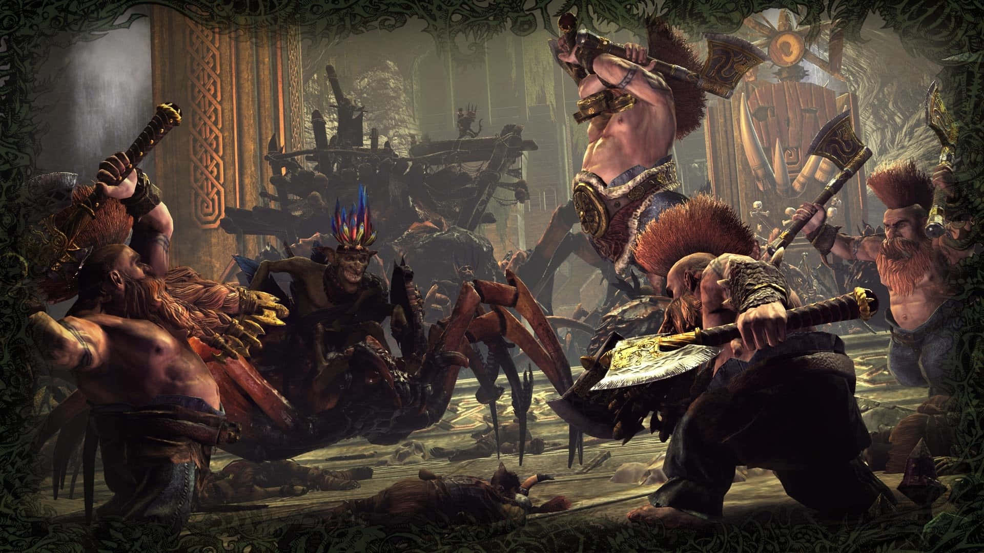 Best Total War Warhammer 桌布 壁紙 — 一場激烈的戰鬥在肌肉發達的戰士中爆發，他們揮舞著斧頭和劍，在一個充滿瓦礫和倒下的敵人的黑暗華麗寺廟中。