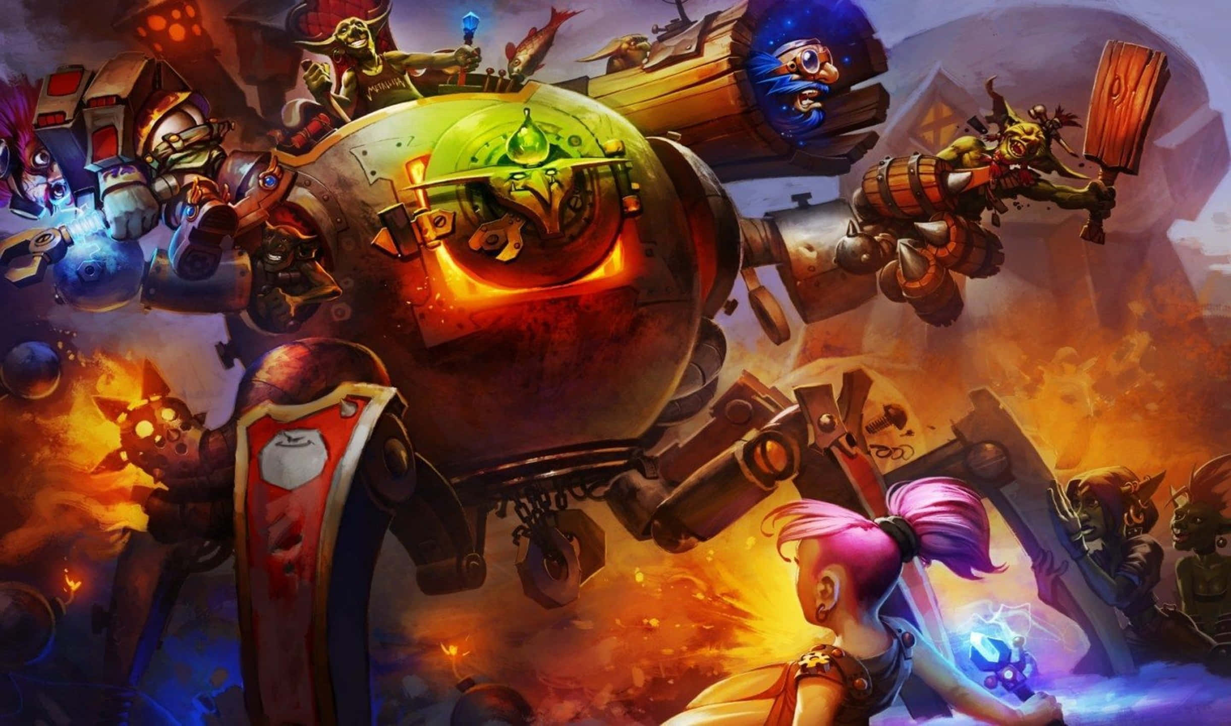 2440x1440 Hearthstone 桌布 壁紙 — 一場激烈的戰鬥爆發，一個擁有發光綠色核心的巨型機械首領在混亂的競技場上面對色彩繽紛的奇幻戰士。