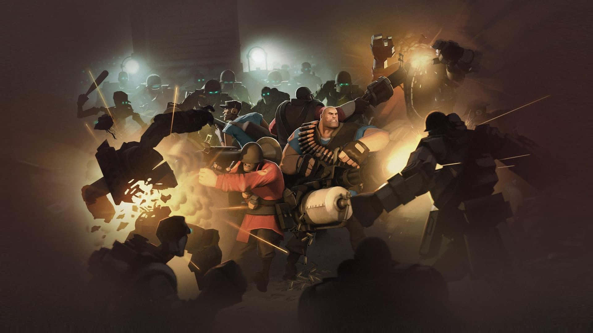 Team Fortress 2 Characters 桌布 壁紙 — 一場激烈的戰鬥爆發，裝甲戰士在煙霧瀰漫、燈光昏暗的競技場中，伴隨著發光的燈光和飛揚的碎片激烈交鋒。