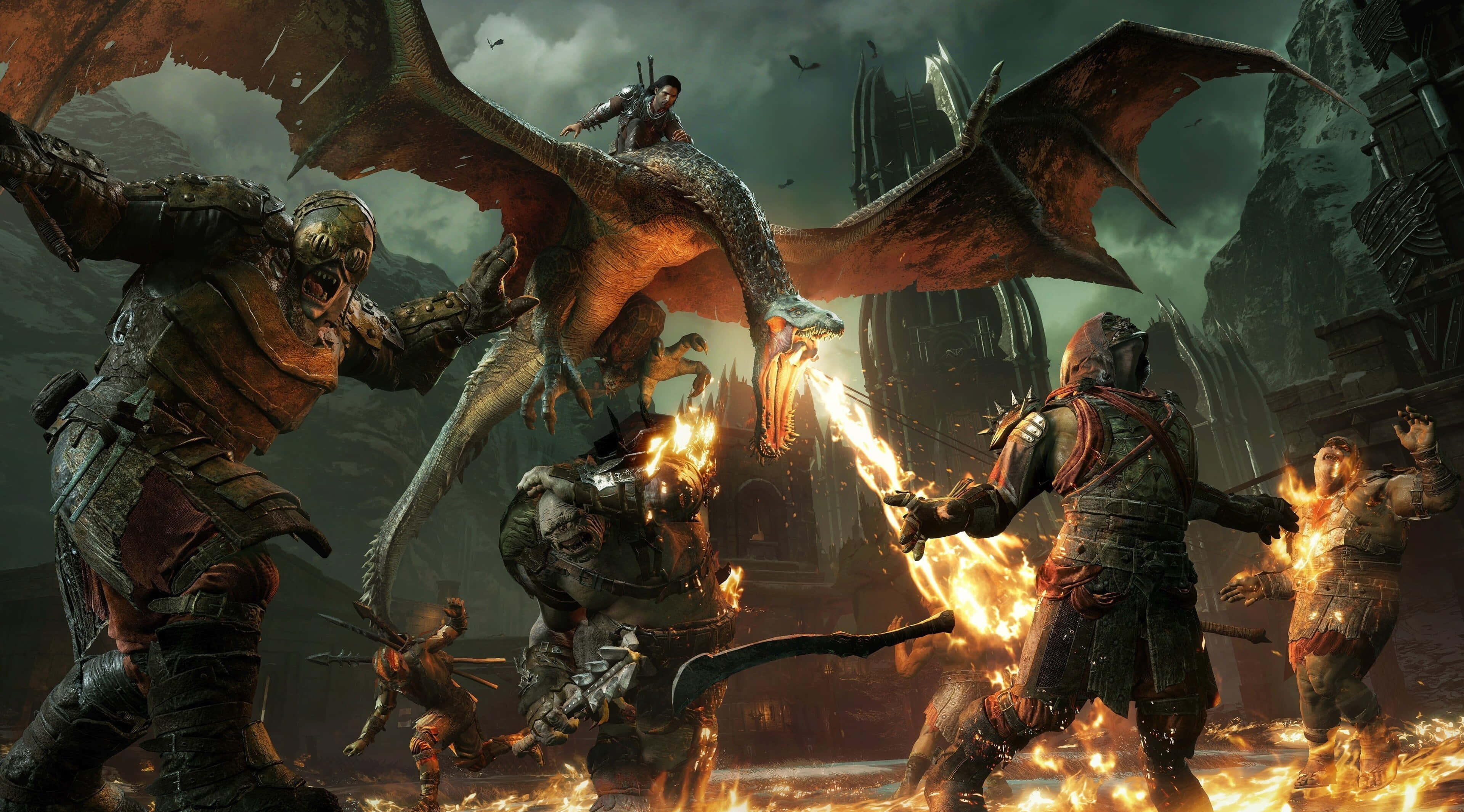 4K Shadow Of War 桌布 壁紙 — 一場激烈的戰鬥爆發，身穿盔甲的戰士與一條在廢墟堡壘上噴火的巨龍交鋒。