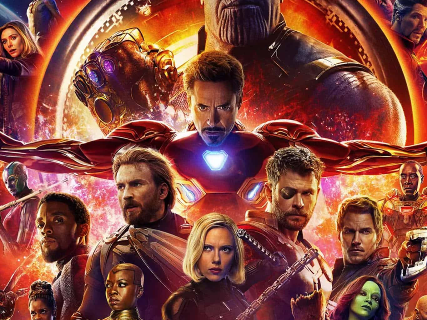 Avengers Movie 桌布 壁紙 — 一場熾熱的宇宙戰鬥場景，鋼鐵人與其他超級英雄對抗戴著發光紫色無限手套的薩諾斯。