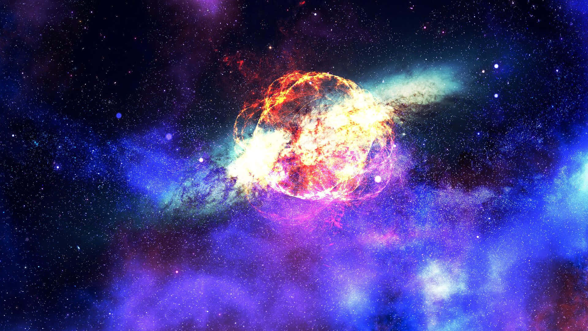 銀河 桌布 壁紙 — 一場熾熱的宇宙爆炸透過由紫色、藍色和藍綠色恆星組成的漩渦星雲輻射出來。
