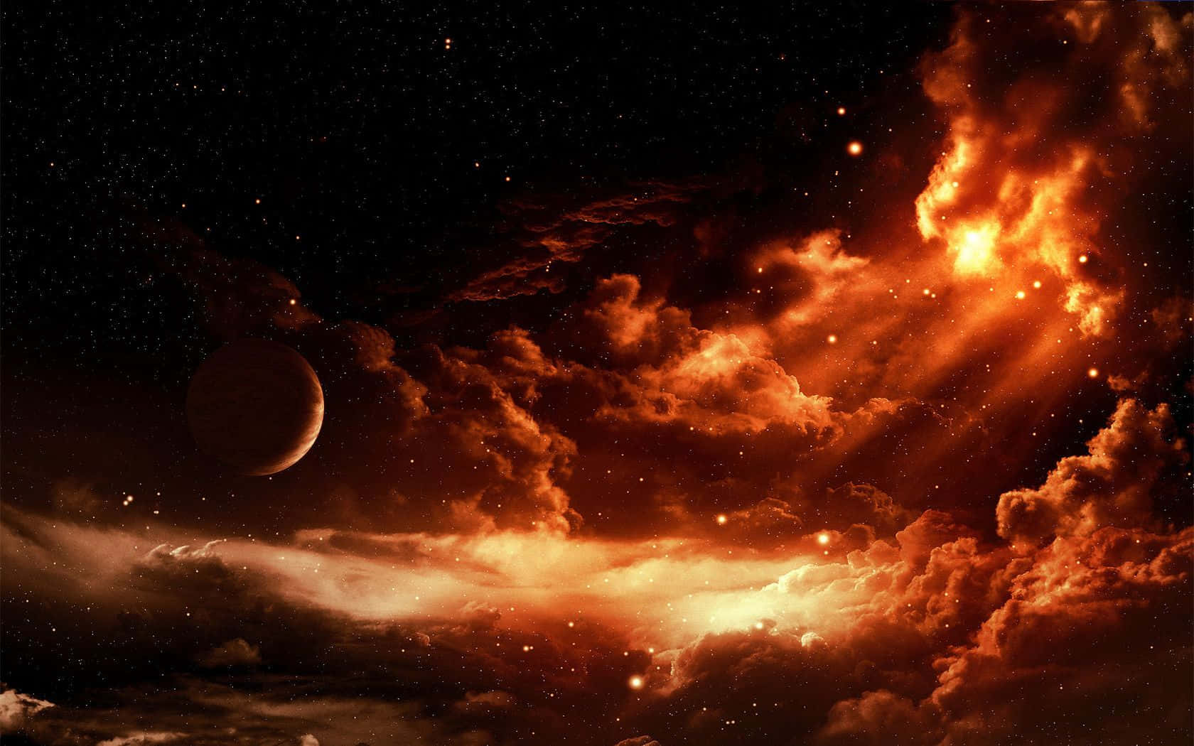 外太空 桌布 壁紙 — 一場熾熱的宇宙風暴在佈滿星辰的虛空中肆虐，伴隨著一顆發光的行星和旋轉的橙色雲層。