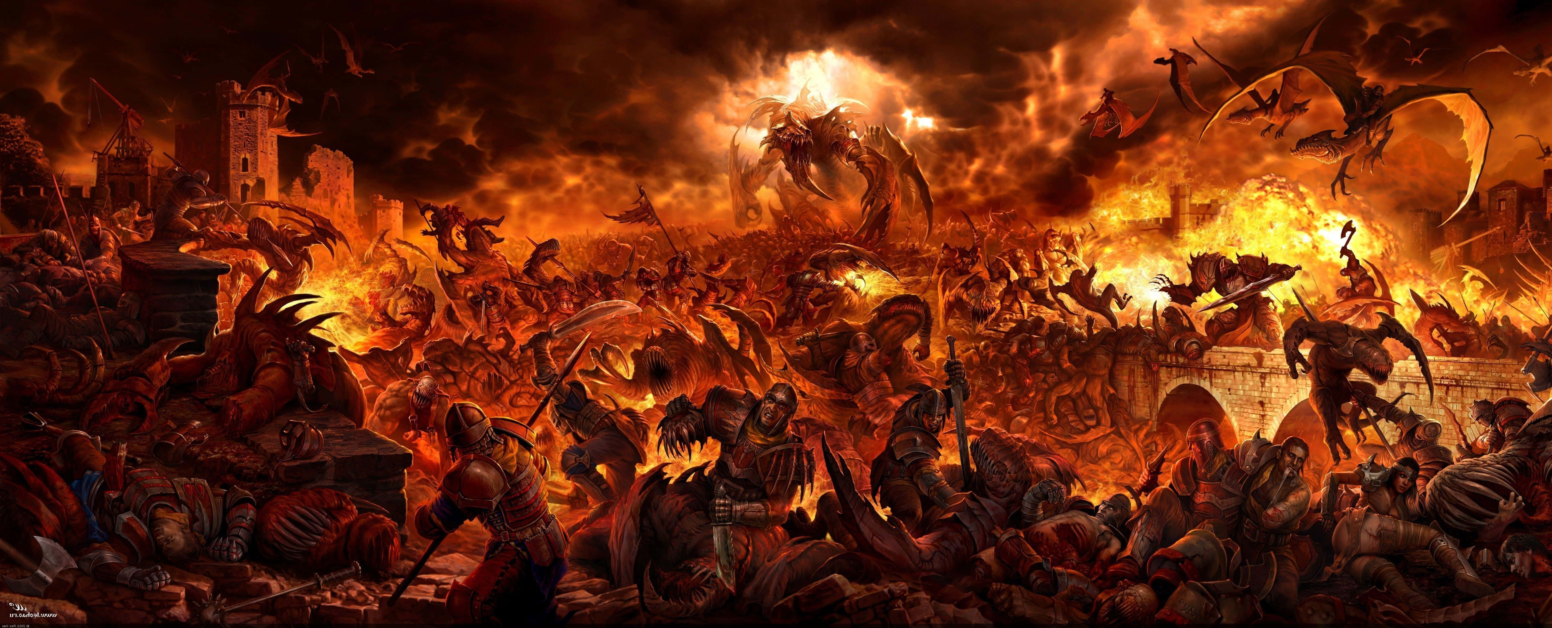 Hell 桌布 壁紙 — 一場熾熱的末日之戰正在肆虐，裝甲戰士與怪獸般的巨龍在地獄般的橙色天空下，於燃燒的廢墟中激烈交鋒。