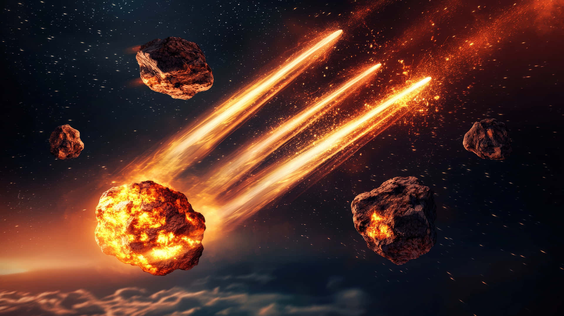 Burning meteors streaking through space, creating fiery trails as they enter Earth's atmosphere 壁紙 — 一場熾熱的流星雨劃過星空，伴隨著發光的小行星和下方行星的雲層。