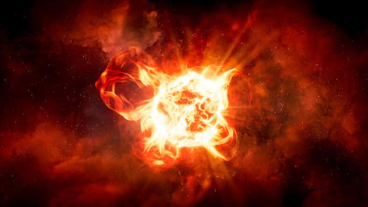 Red Giant 桌布 壁紙 — 一場熾熱的超新星爆炸在黑暗的宇宙背景下散發出火焰般的光芒，周圍充滿了發光的紅色星雲和遙遠的恆星。