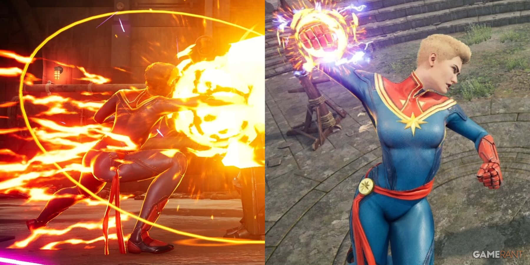 Captain Marvel Comic 桌布 壁紙 — 一場熾熱的超級英雄戰鬥場景，有一個發光的能量球體和一位身穿藍紅戰衣的英雄揮舞著魔法球體。