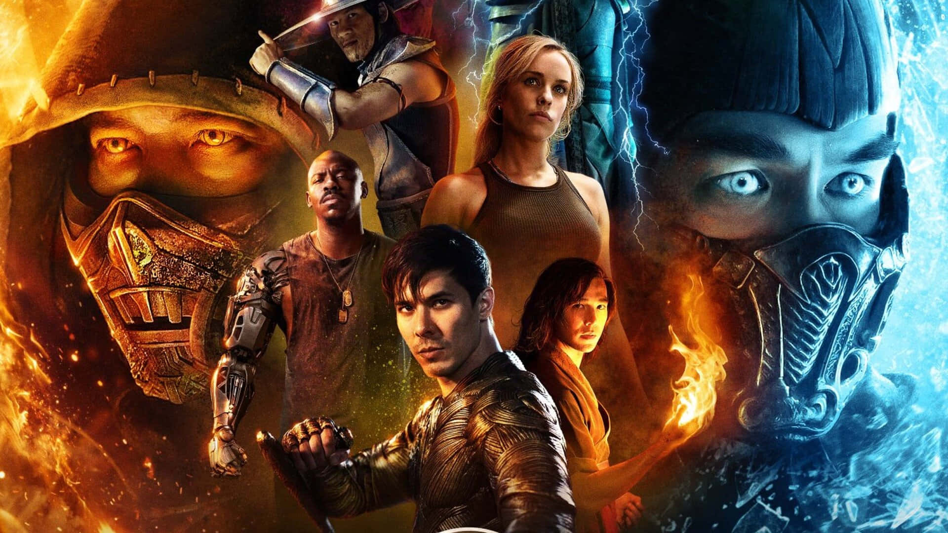 桌布 壁紙 — 一場熾熱與冰寒的戰鬥場景， featuring Mortal Kombat 角色，表情激烈，擁有元素力量。