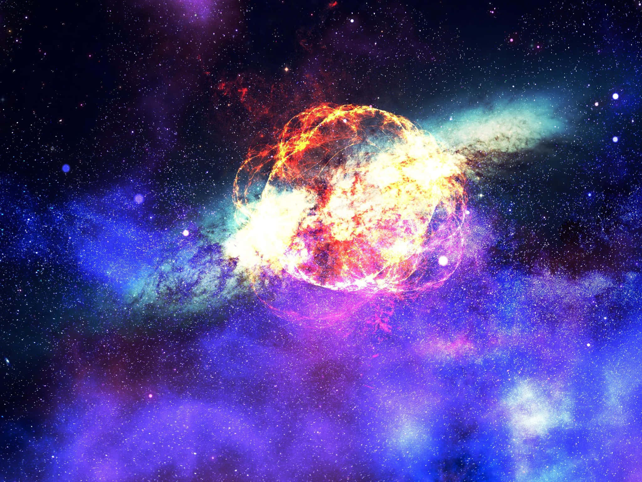 4K Anime Space 桌布 壁紙 — 一場燦爛的宇宙爆炸，在深紫色和藍色恆星旋轉的星雲中，迸發出火熱的橙色和白色光芒。