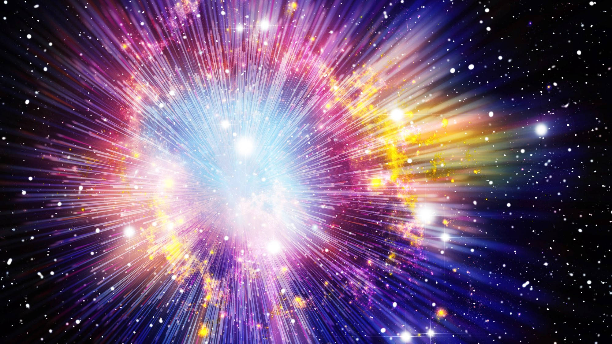 銀河 桌布 壁紙 — 一場燦爛的宇宙爆炸，在繁星點點的黑色虛空中迸發出充滿活力的紫色、黃色和藍色光芒。