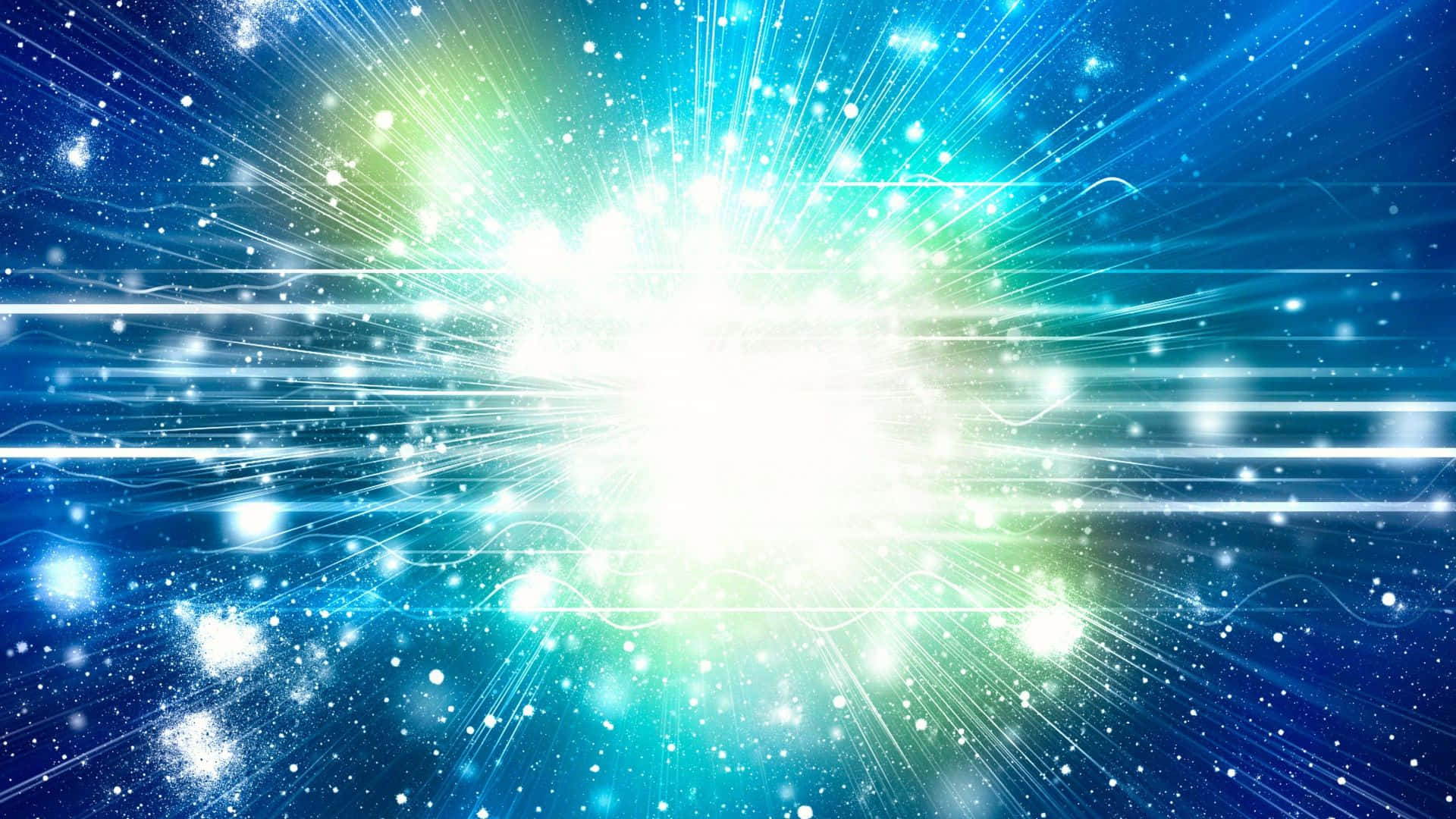 能量 桌布 壁紙 — 一場燦爛的宇宙爆炸，在繁星點點的深藍色背景上，爆發出明亮的白光和藍綠色的能量條紋。