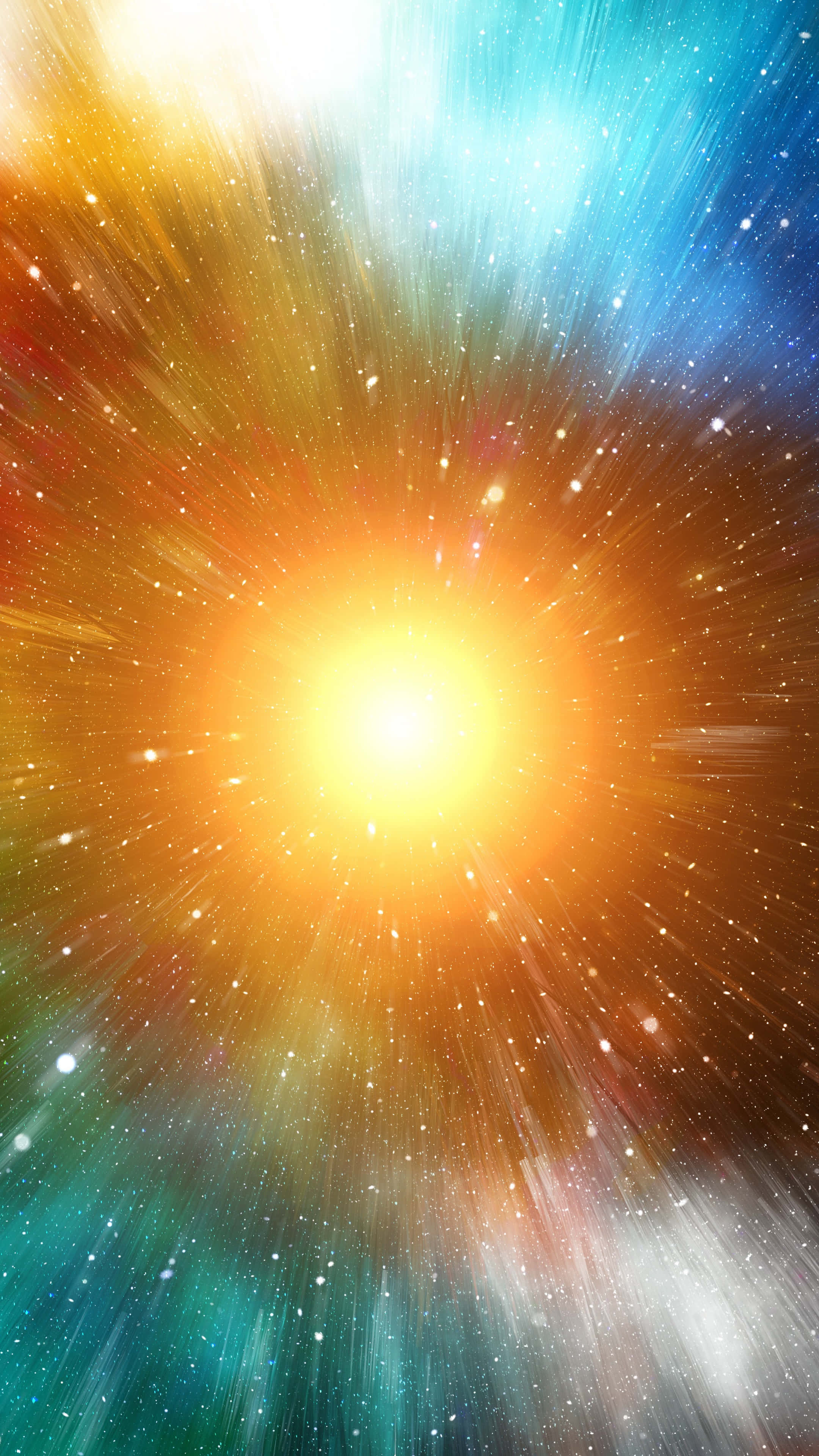 Sun Rays 桌布 壁紙 — 一場燦爛的宇宙爆炸，金色光芒與劃過天際的星星在藍色、青綠色和橙色的漸變背景中爆發。