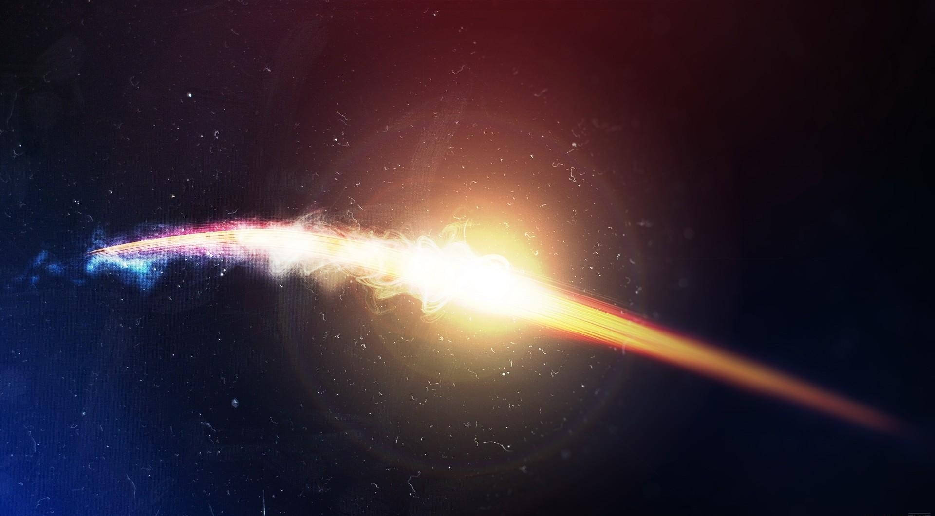 Flash 桌布 壁紙 — 一場燦爛的宇宙爆炸在星空中散發出熾熱的橙色和電光藍色能量。