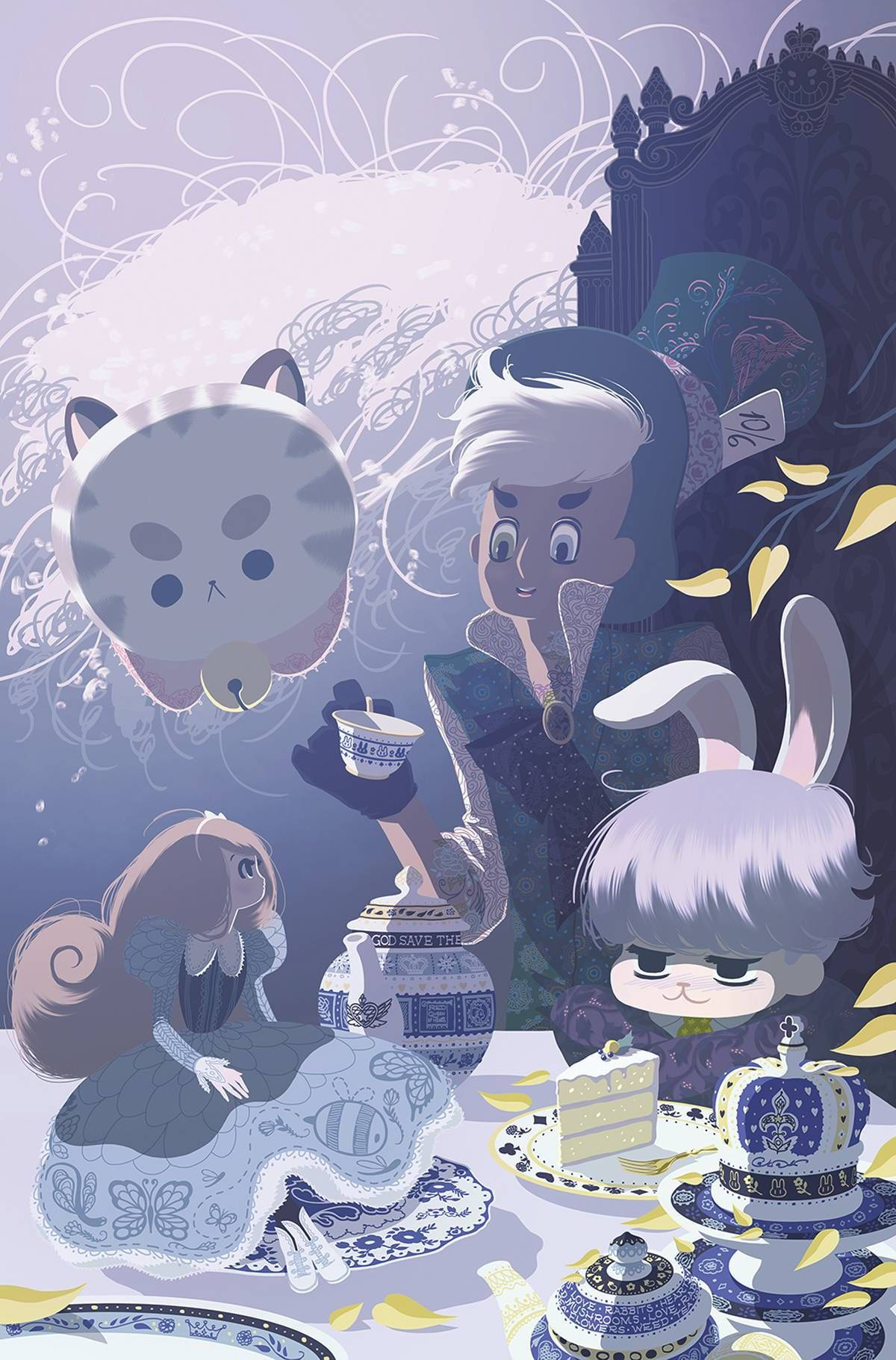 bee and puppycat 桌布 壁紙 — 一場異想天開的動漫茶會，有漂浮的貓、兔子和人類角色圍繞著華麗的藍白瓷器。