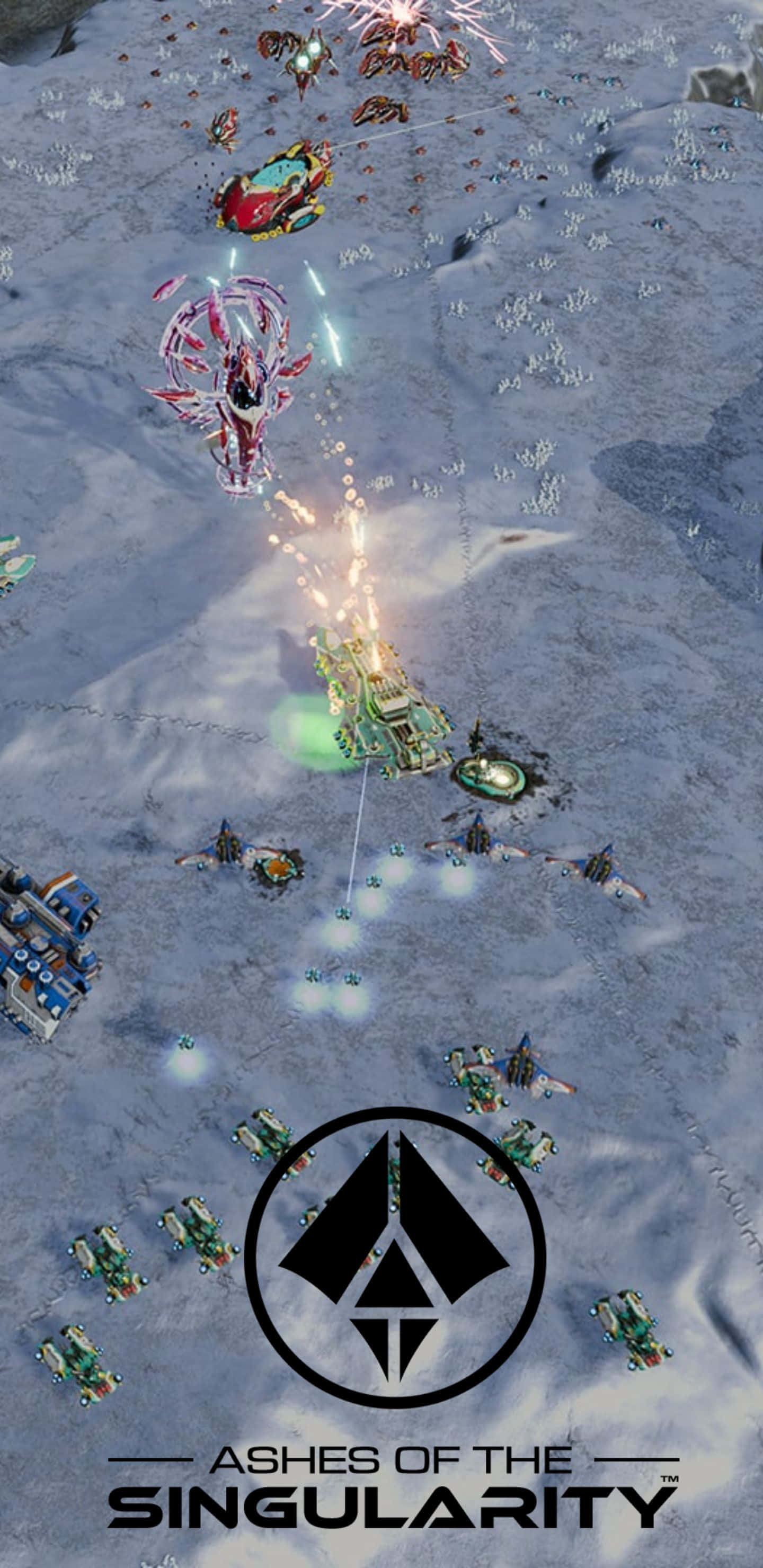 Pixel 3xl Ashes Of The Singularity 桌布 壁紙 — 一場科幻戰鬥在雪地外星景觀中激烈展開，發光的飛船和爆炸四處可見。