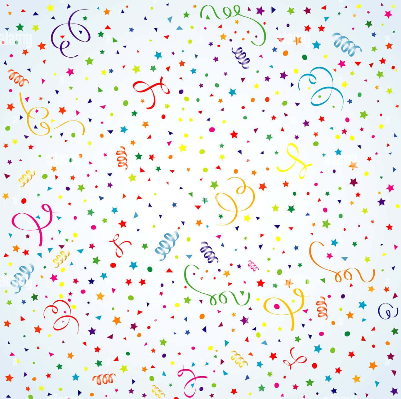 Confetti 桌布 壁紙 — 一場節日爆炸，五彩繽紛的紙屑星星和旋轉的彩帶散落在淺藍色背景上。