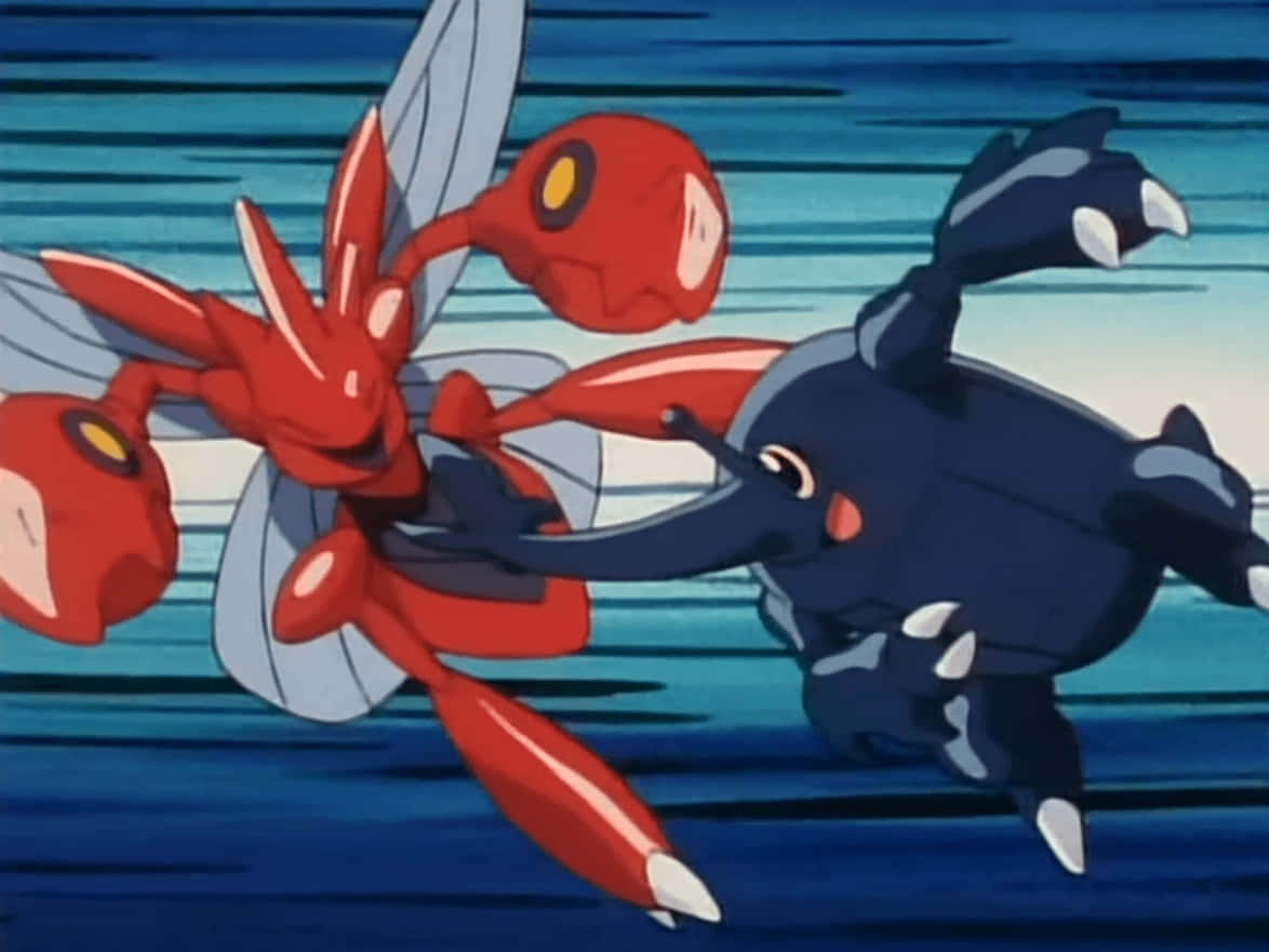 高清 桌布 壁紙 — 一場紅藍色動畫寶可夢對戰，動態地呈現在帶有條紋的藍色背景上。