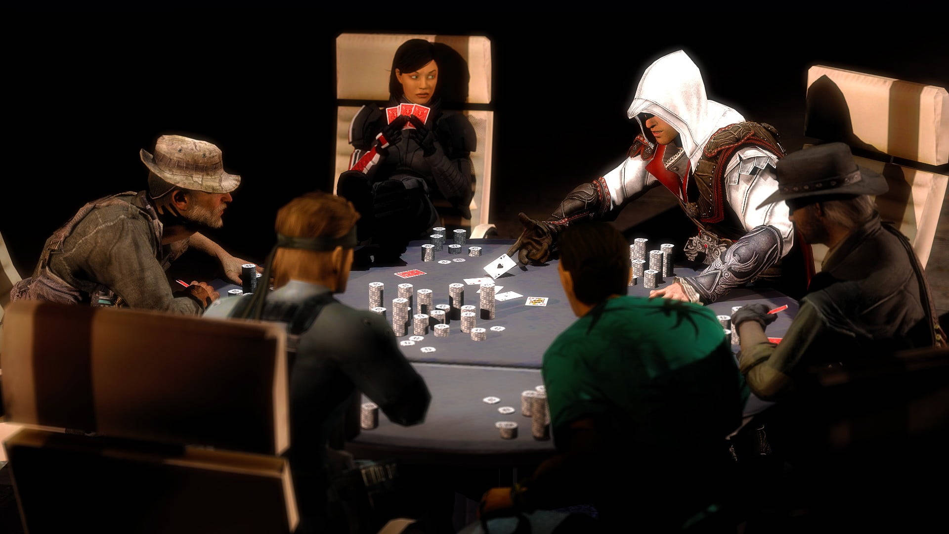Poker 桌布 壁紙 — 一場緊張的撲克牌局在昏暗燈光下展開，戴著面具和連帽衫的玩家圍繞著堆滿籌碼的桌子。