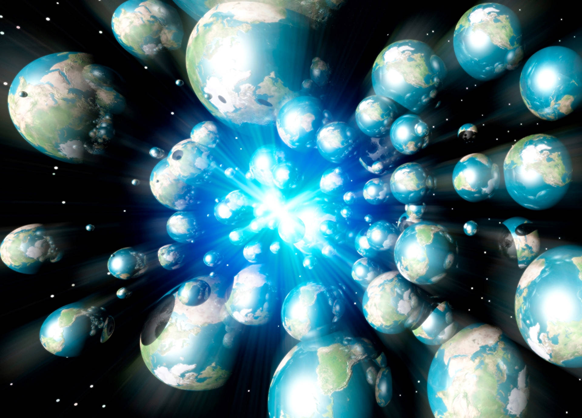 多重宇宙 桌布 壁紙 — 一場耀眼的藍色宇宙爆炸從中心爆發向外輻射，周圍漂浮著許多類似地球的行星，點綴在星空之中。