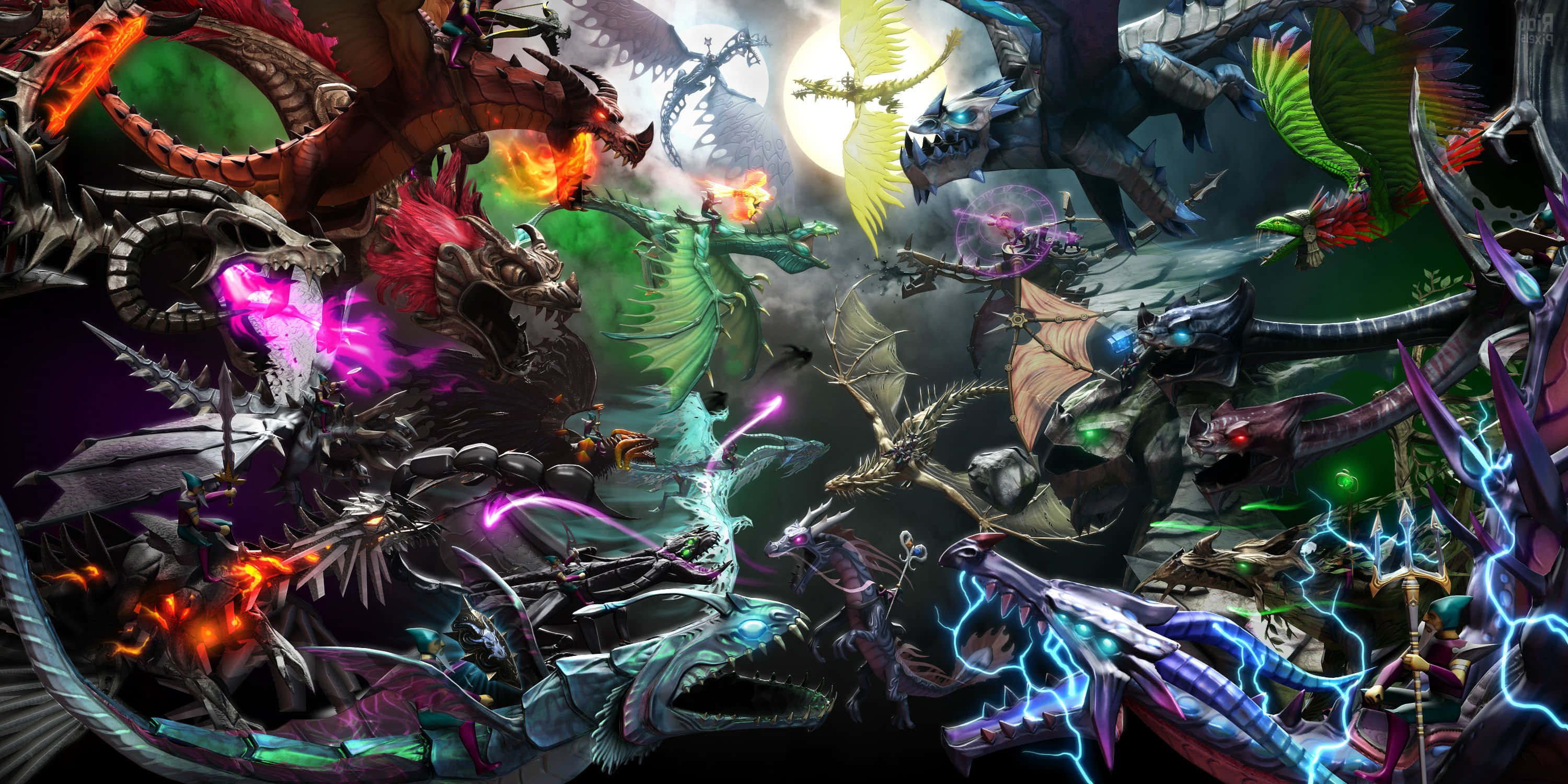 Moba Games 桌布 壁紙 — 一場色彩繽紛的龍之混戰，眼睛發光，魔法能量在滿月的黑暗天空中爆發。