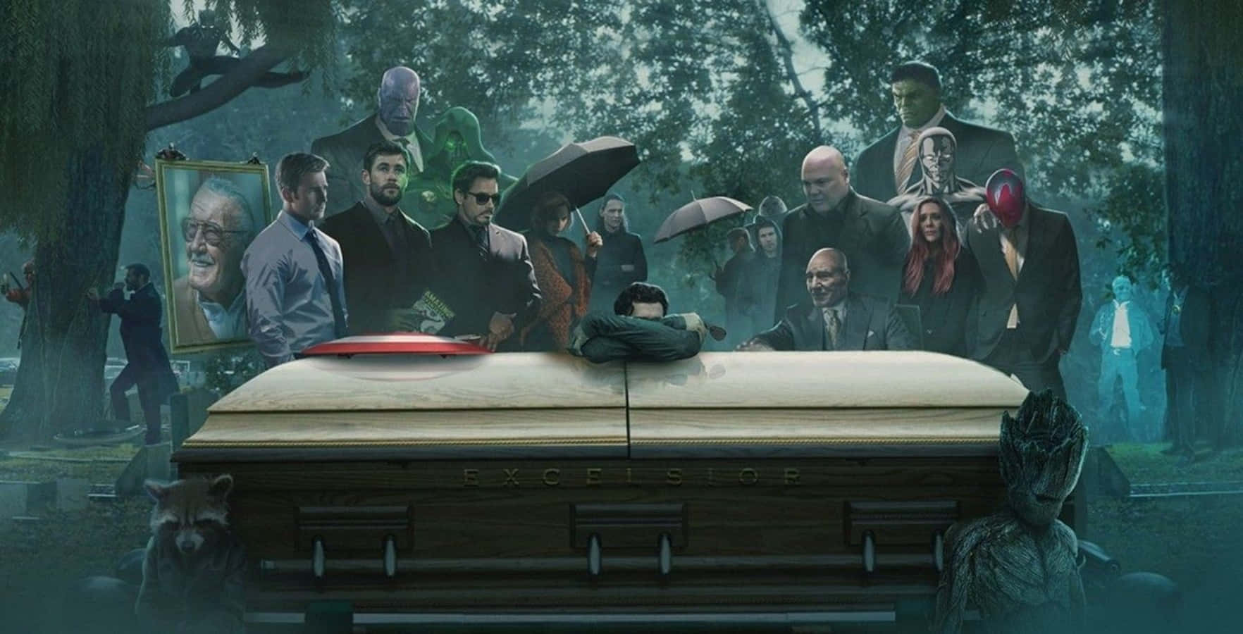 Stan Lee Tribute 桌布 壁紙 — 一場莊嚴的聚會，漫威超級英雄和反派穿著正式服裝，在墓地參加一名躺在棺材中的男子的葬禮。