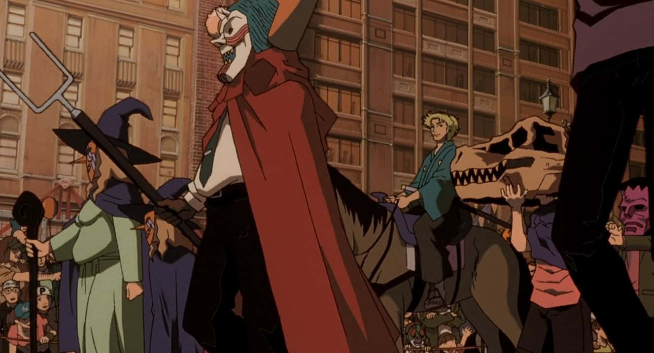 Halloween Parades 桌布 壁紙 — 一場超現實的動漫街頭遊行，展示了一個身穿紅色斗篷的骷髏人物揮舞著乾草叉，旁邊還有一個騎在恐龍頭骨上的騎手。