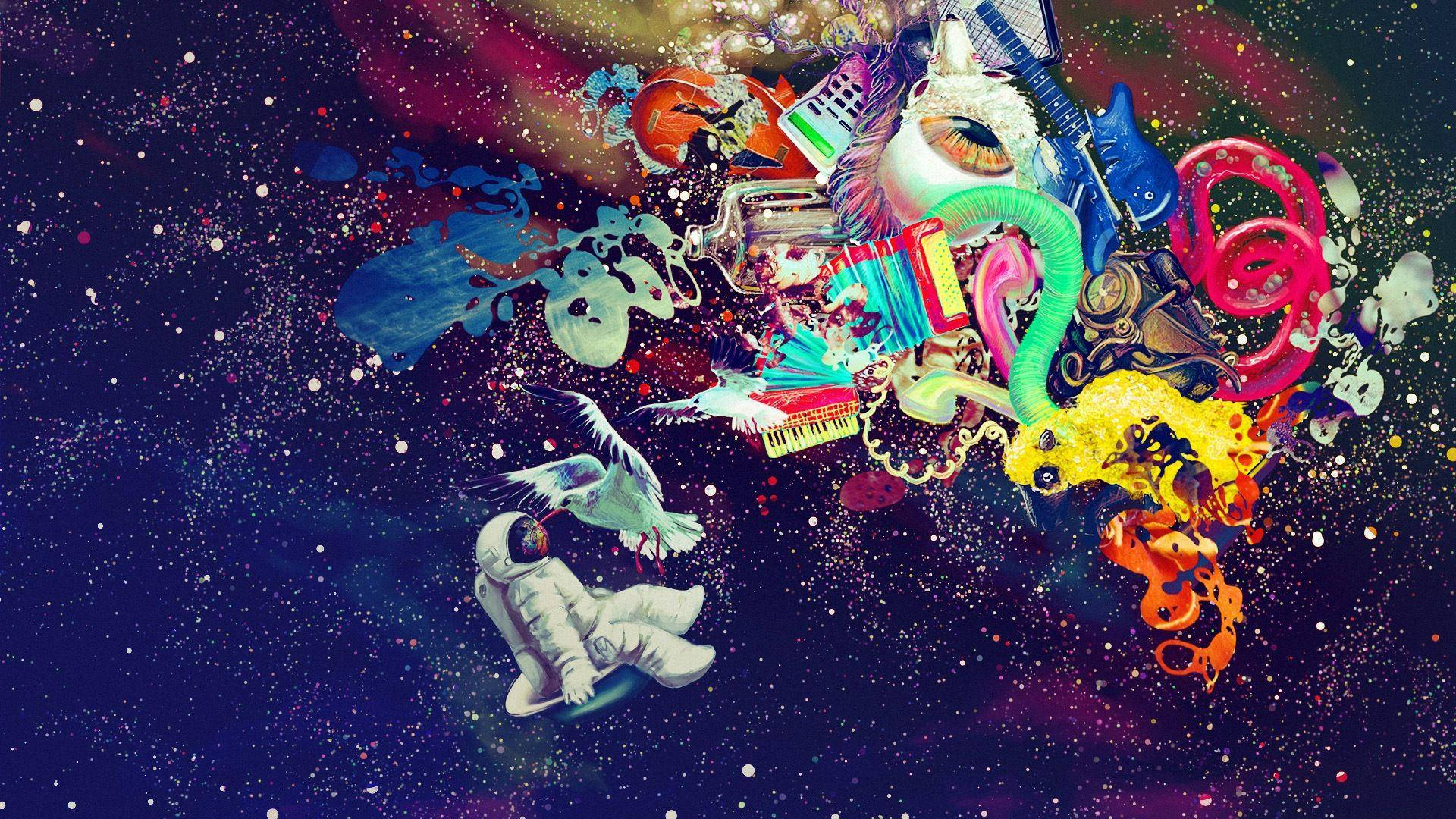 Funky 桌布 壁紙 — 一場超現實的宇宙爆炸，充滿活力的樂器和奇幻物體漂浮在星空夜空中。
