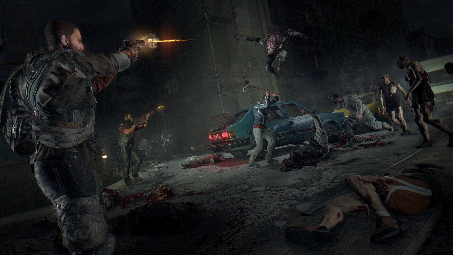 Dying Light 桌布 壁紙 — 一場陰暗的夜間城市街頭戰鬥，武裝倖存者在翻倒的汽車和血淋淋的屍體中對抗成群殭屍。
