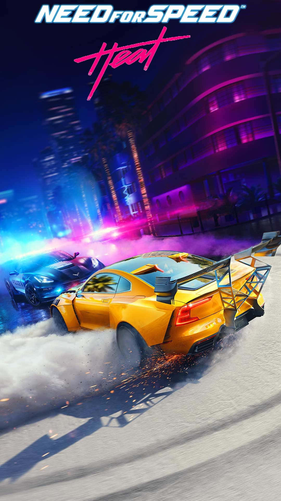 race car 桌布 壁紙 — 一場霓虹燈閃爍的夜間街頭賽車，黃色跑車飄移，火花四濺，警車在後追趕。
