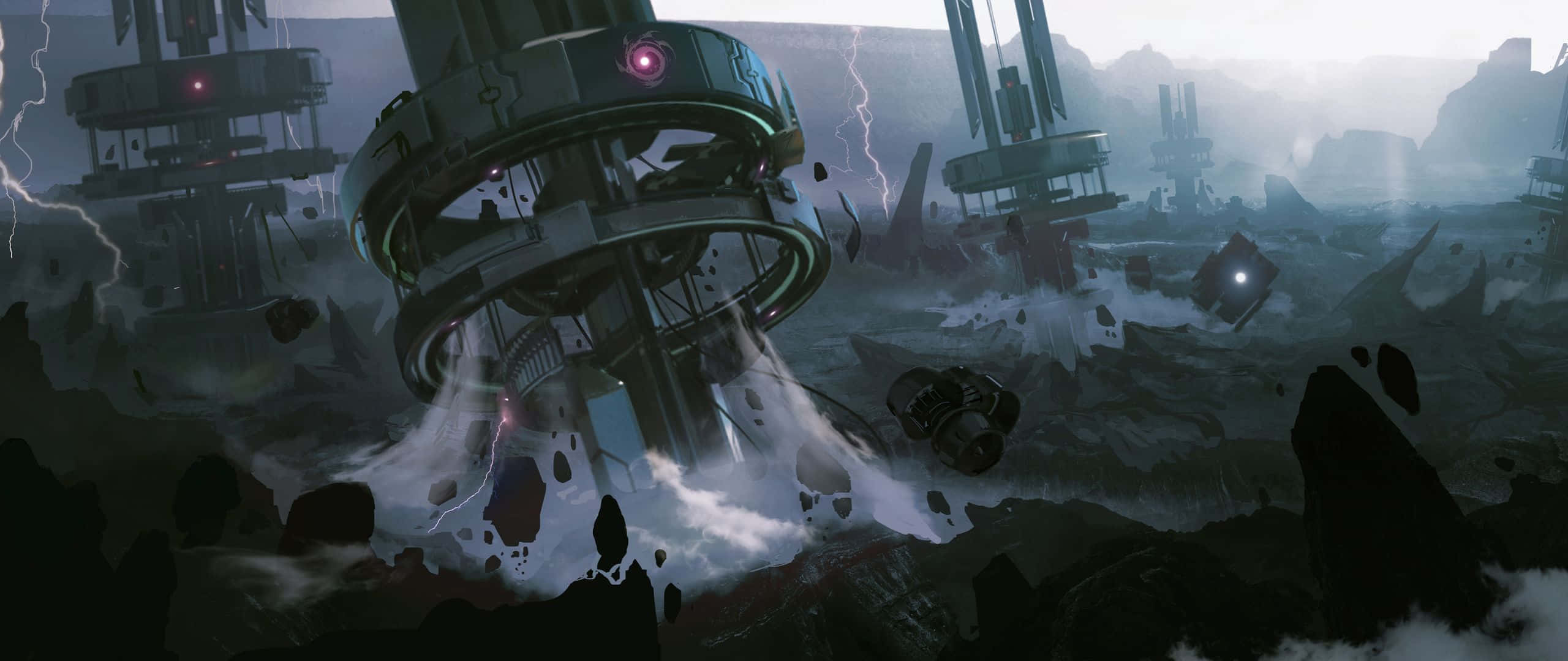 Civilization Beyond Earth 桌布 壁紙 — 一場風暴肆虐著破碎的未來城市景觀，漂浮的碎片和發光的科技結構。