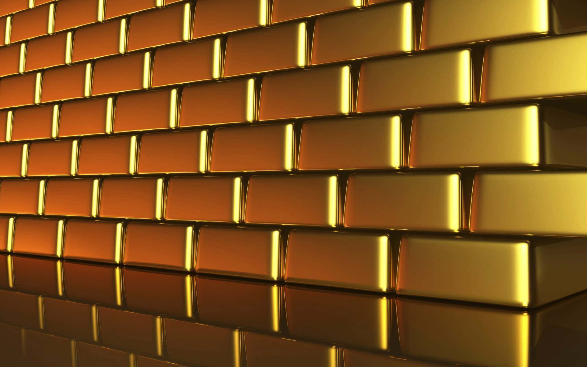 High Resolution Gold 桌布 壁紙 — 一堵閃閃發光的金條牆，以磚塊圖案排列，具有反射表面和溫暖的燈光。