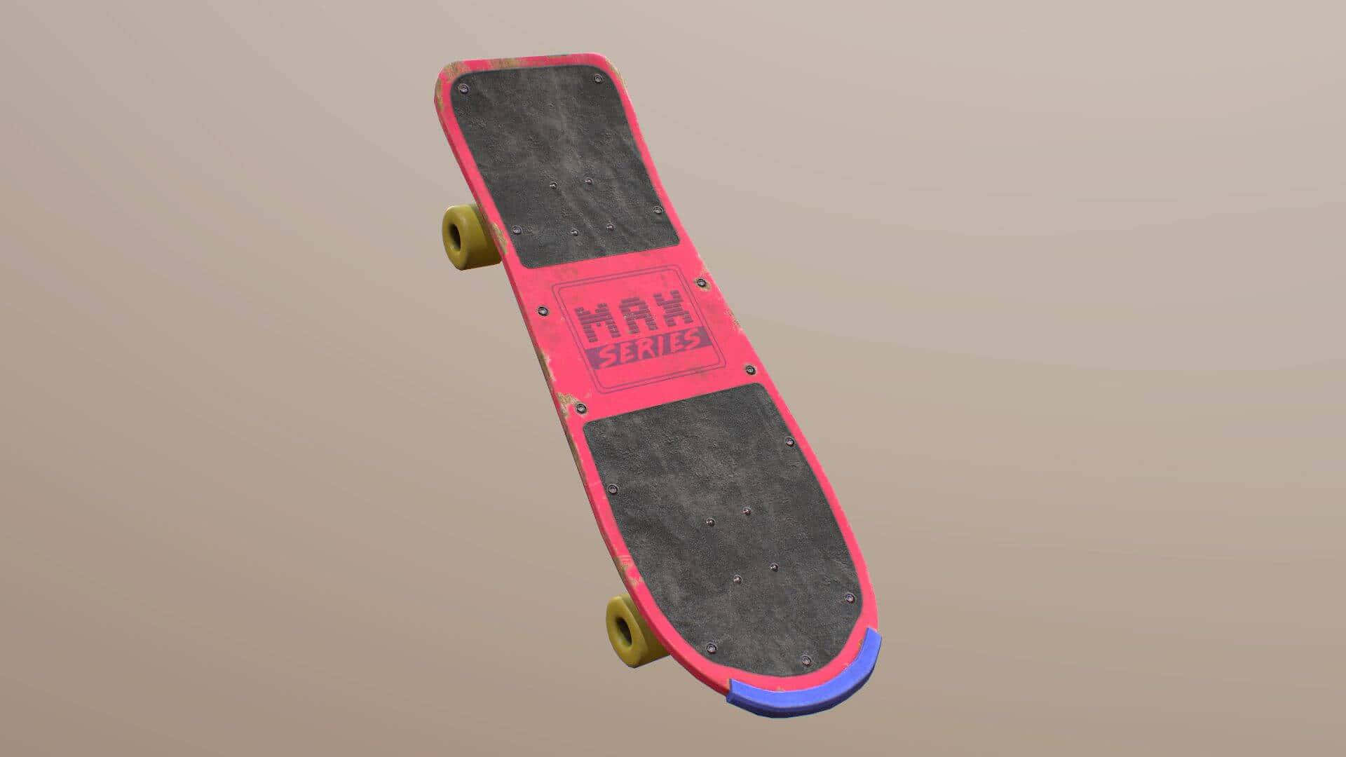 Retro Skateboard 桌布 壁紙 — 一塊充滿活力的粉紅色滑板，帶有黃色輪子和藍色尾端，漂浮在中性米色背景上。